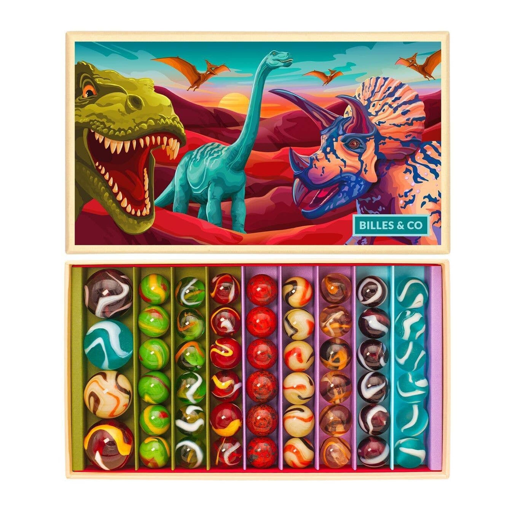Scrigno di biglie Dinosauri con coperchio T-Rex e 52 biglie marmorizzate colorate