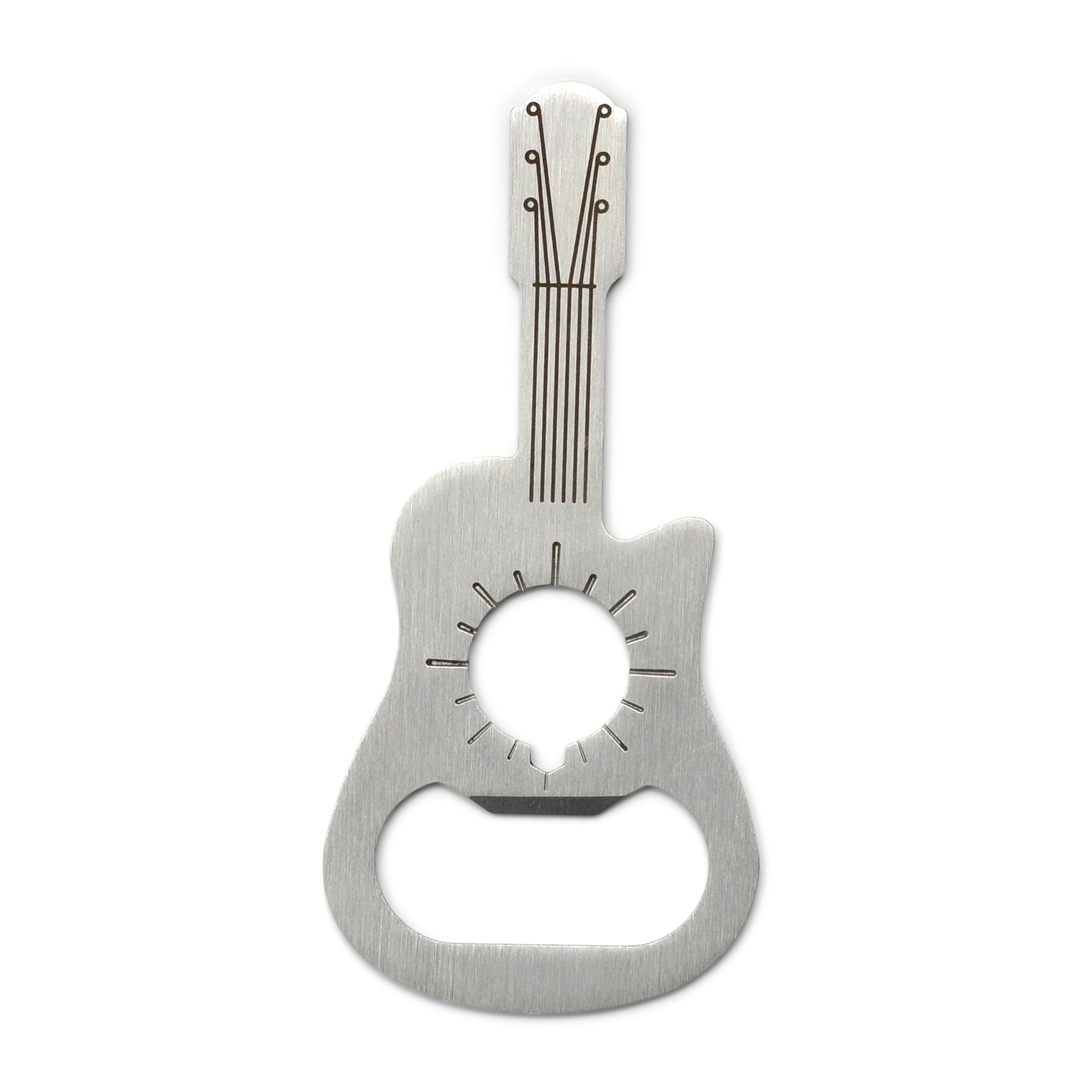 Mini guitar bottle opener on white, showing engraved strings, a sunburst round the hole and the opening slot