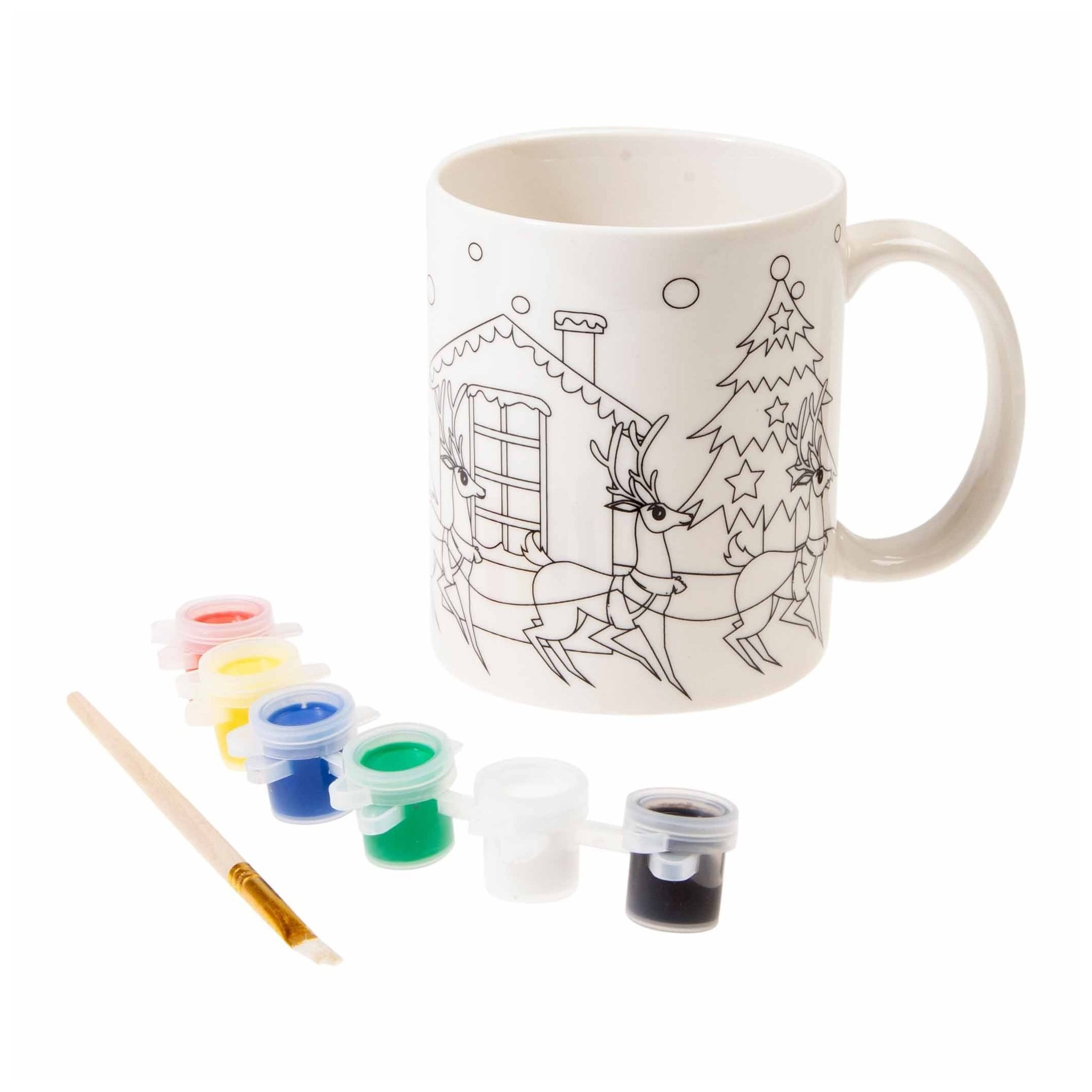 Weisse Keramiktasse mit Weihnachtsmotiv zum Ausmalen, dazu sechs Farbtöpfchen und Pinsel