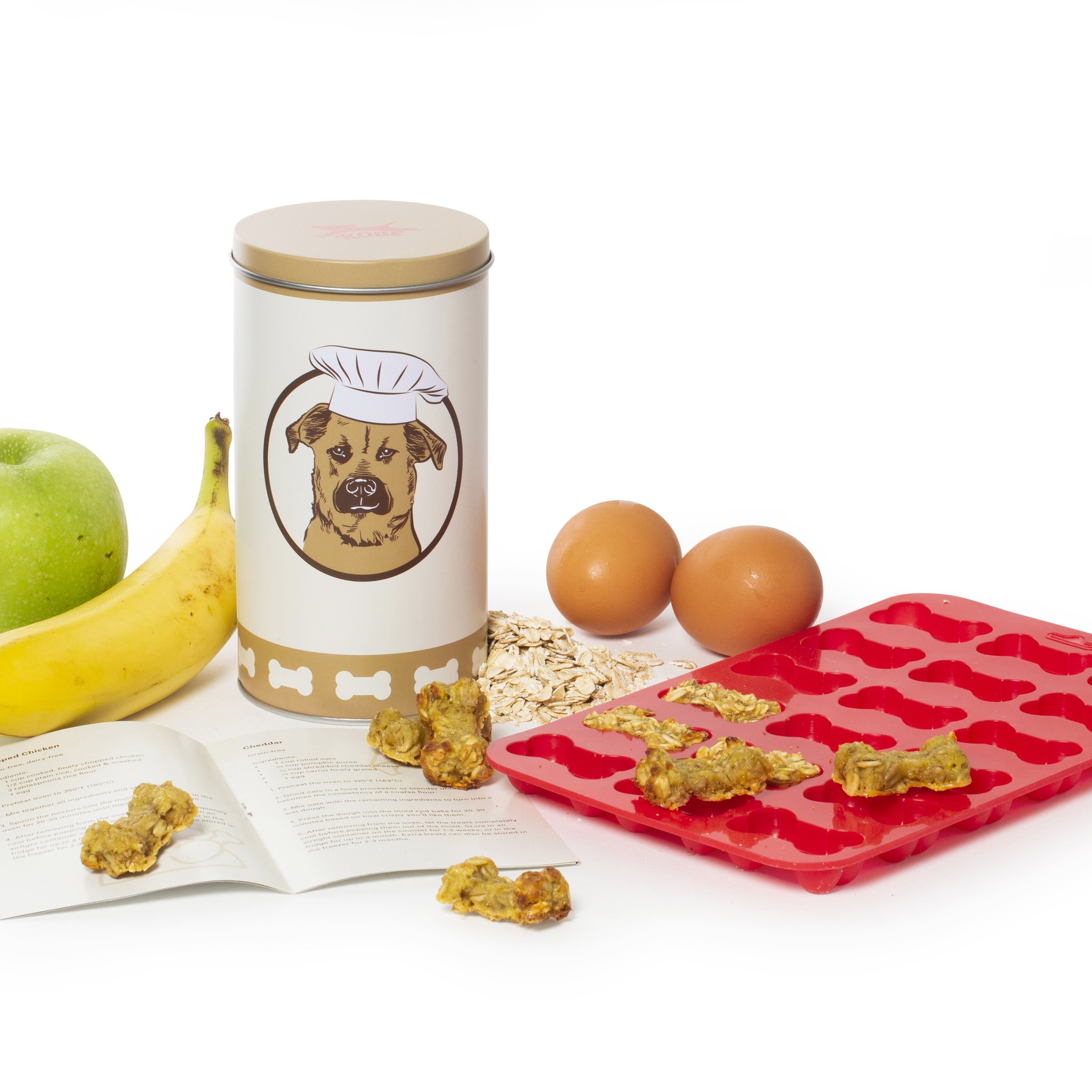 Hundeleckerli-Set mit Zutaten: Banane, Apfel, Eier und Haferflocken