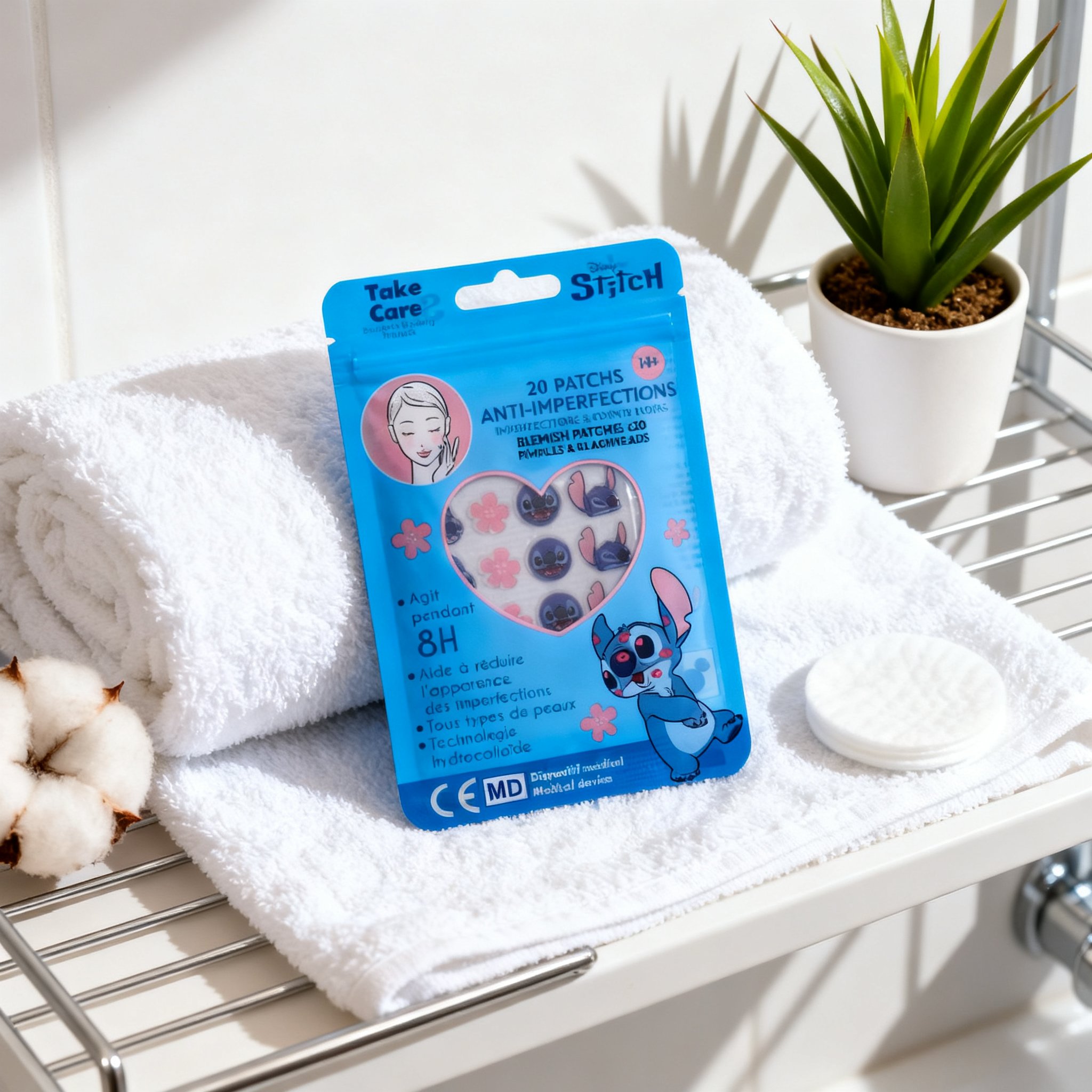 Stitch Anti-Pickel-Patches im Badezimmer auf einem weissen Handtuch neben einer Pflanze