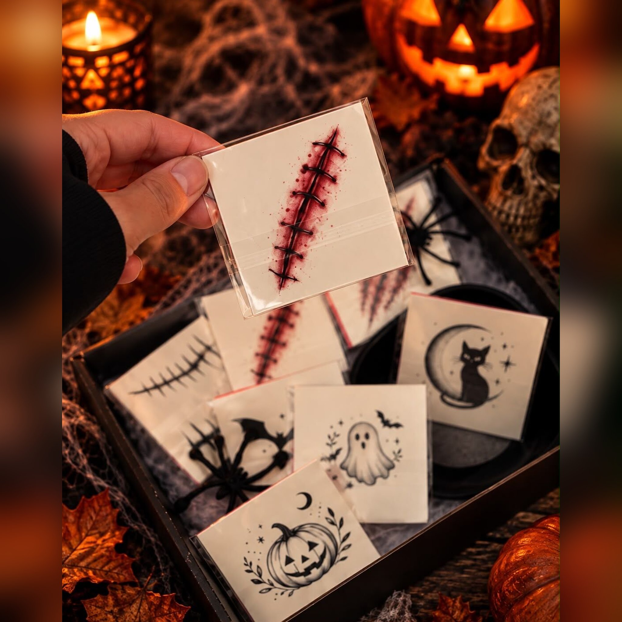 Geöffnete Halloween-Tattoo-Box mit einzeln verpackten Motiven wie Narbe, Geist, Kürbis und Katze