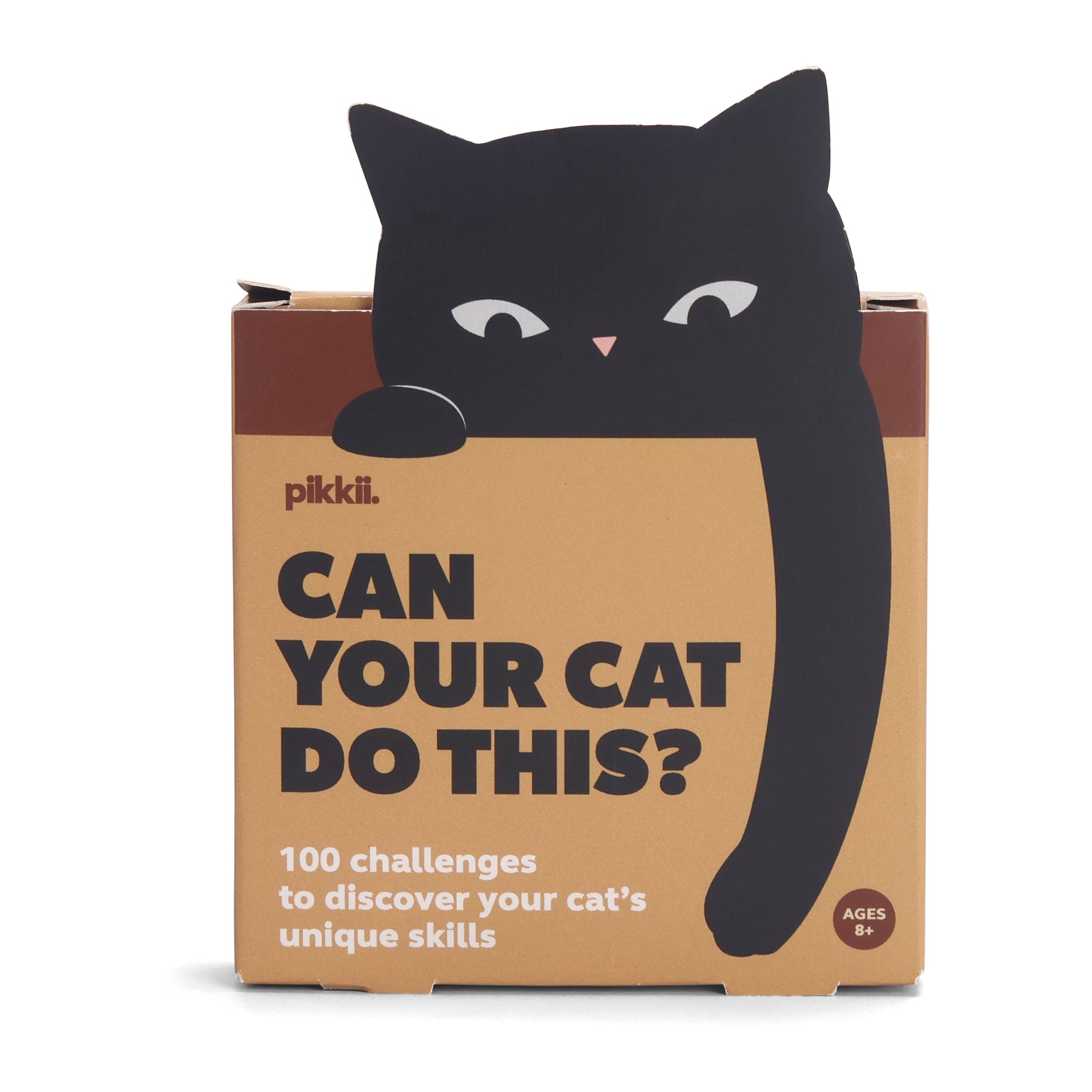 Gioco di carte Can Your Cat Do This? di Pikkii, scatola con gatto nero vista di fronte