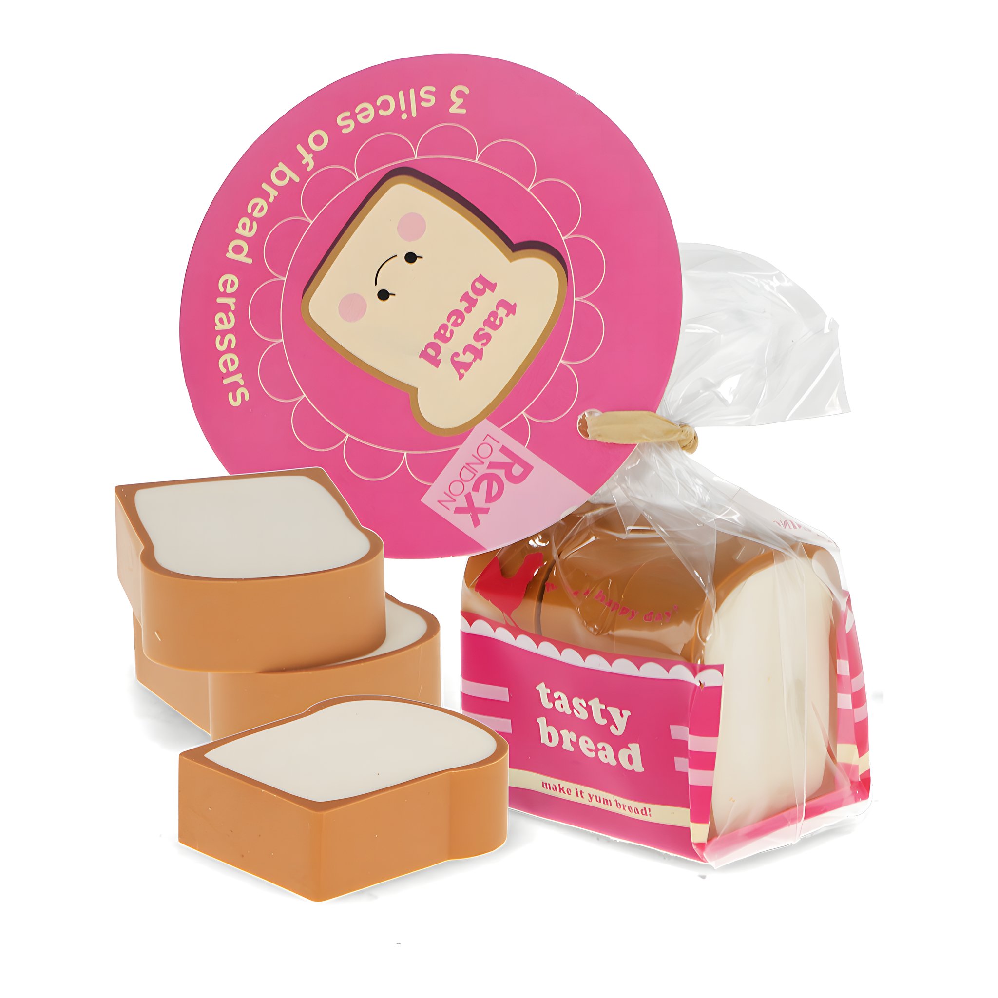 Toastbrot-Radiergummis: Tüte mit rosa Anhänger Tasty Bread und lose Brotscheiben