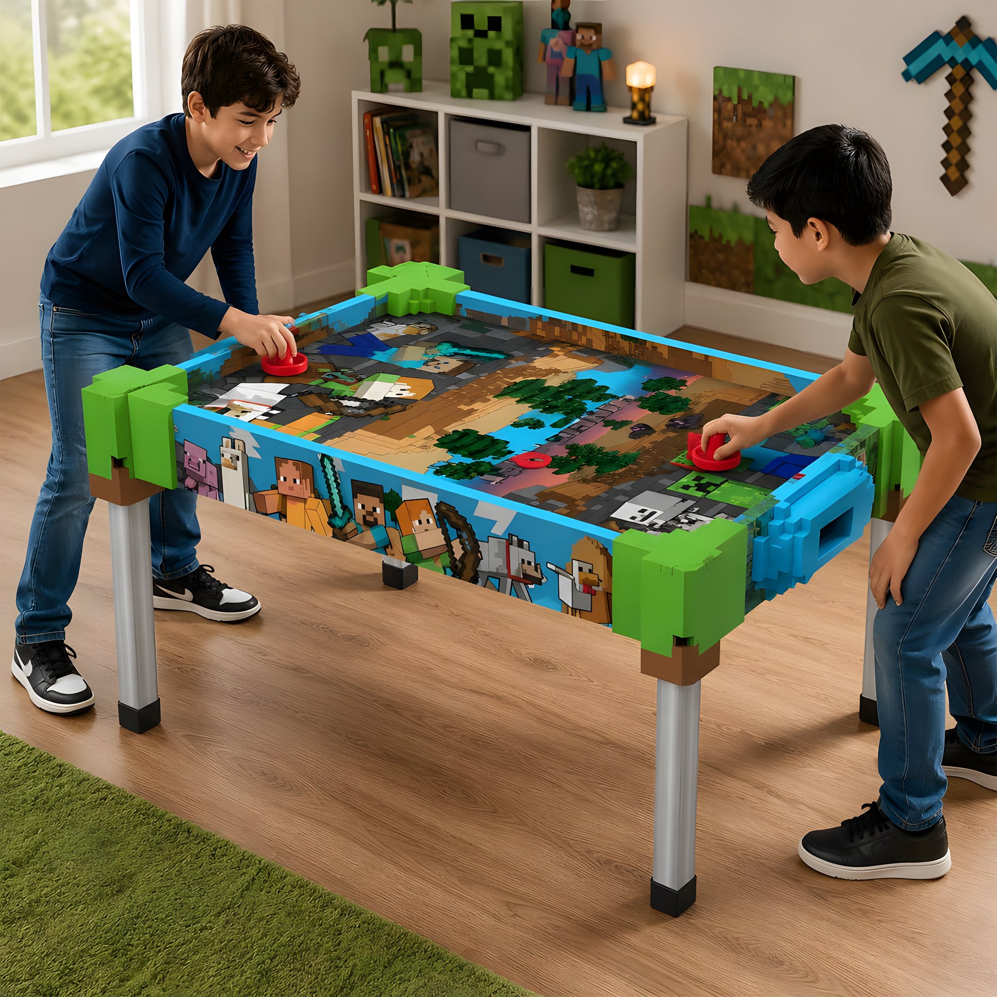 Two boys playing at the Minecraft air hockey table in a playroom