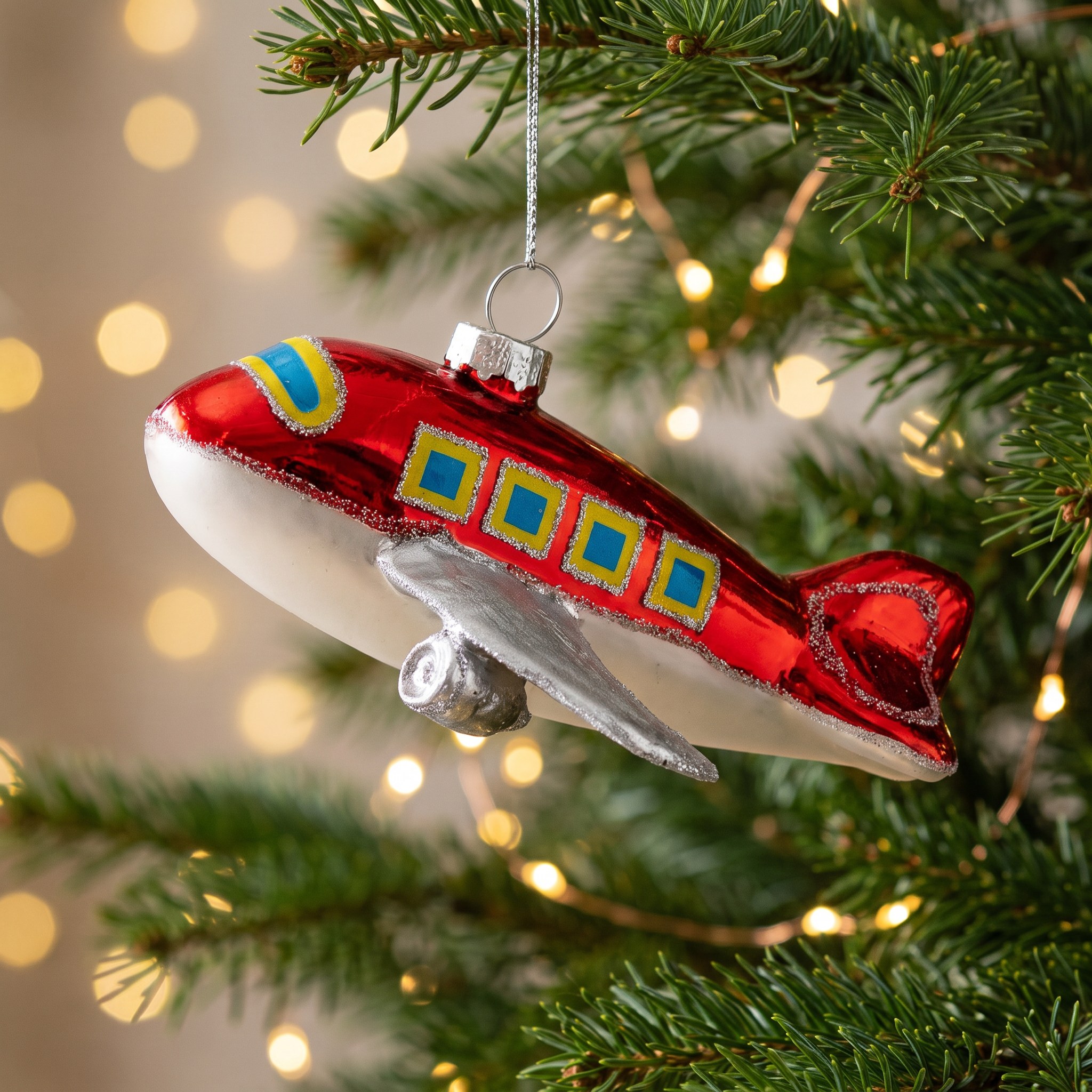 Rotes Glasflugzeug hängt als Christbaumschmuck an einem Tannenzweig vor warmen Lichtern