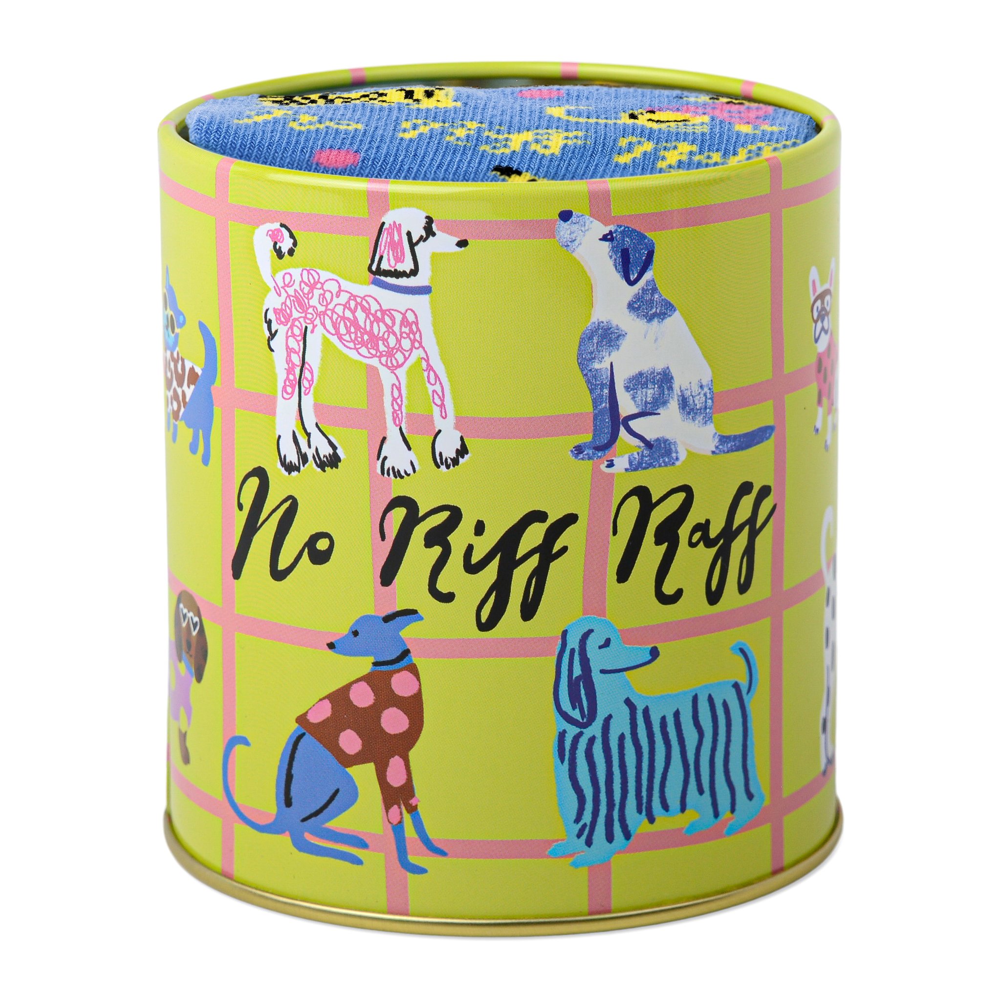 Boîte de rangement ronde illustrée de chiens avec l'inscription No Riff Raff