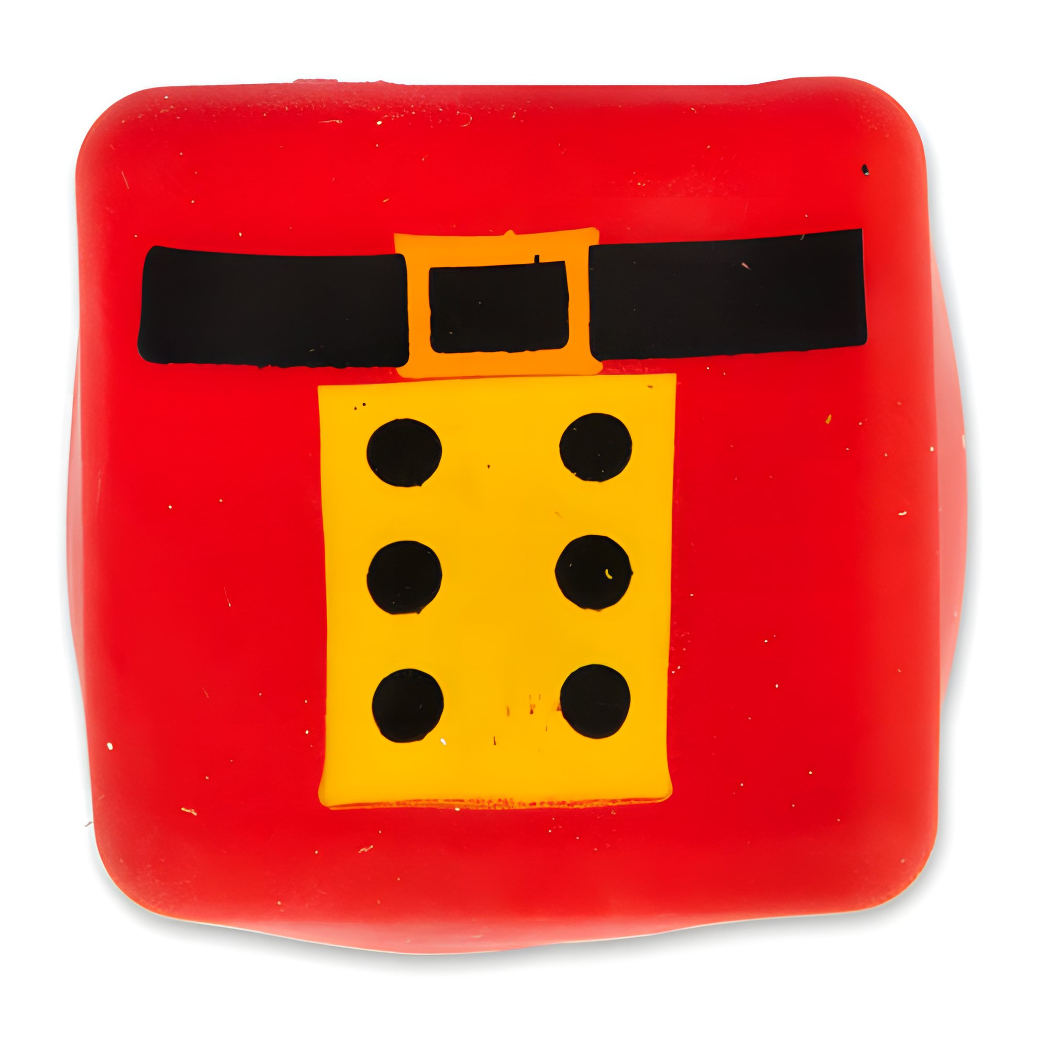 Cubetto squishy rosso in stile Babbo Natale con cintura e bottoni, dal calendario dell'Avvento fidget