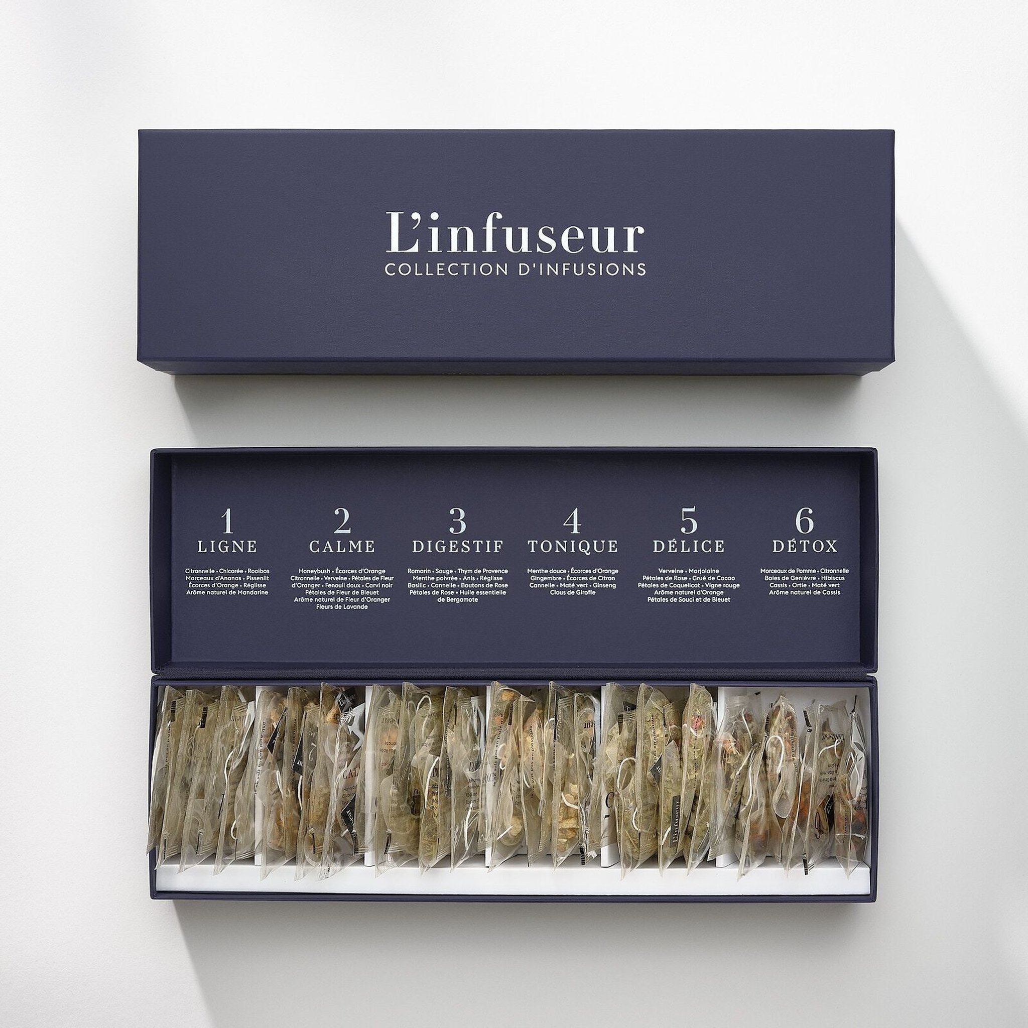 Geöffnete L'infuseur Kräutertee-Box mit sechs beschrifteten Fächern von Ligne bis Détox und 36 Beuteln