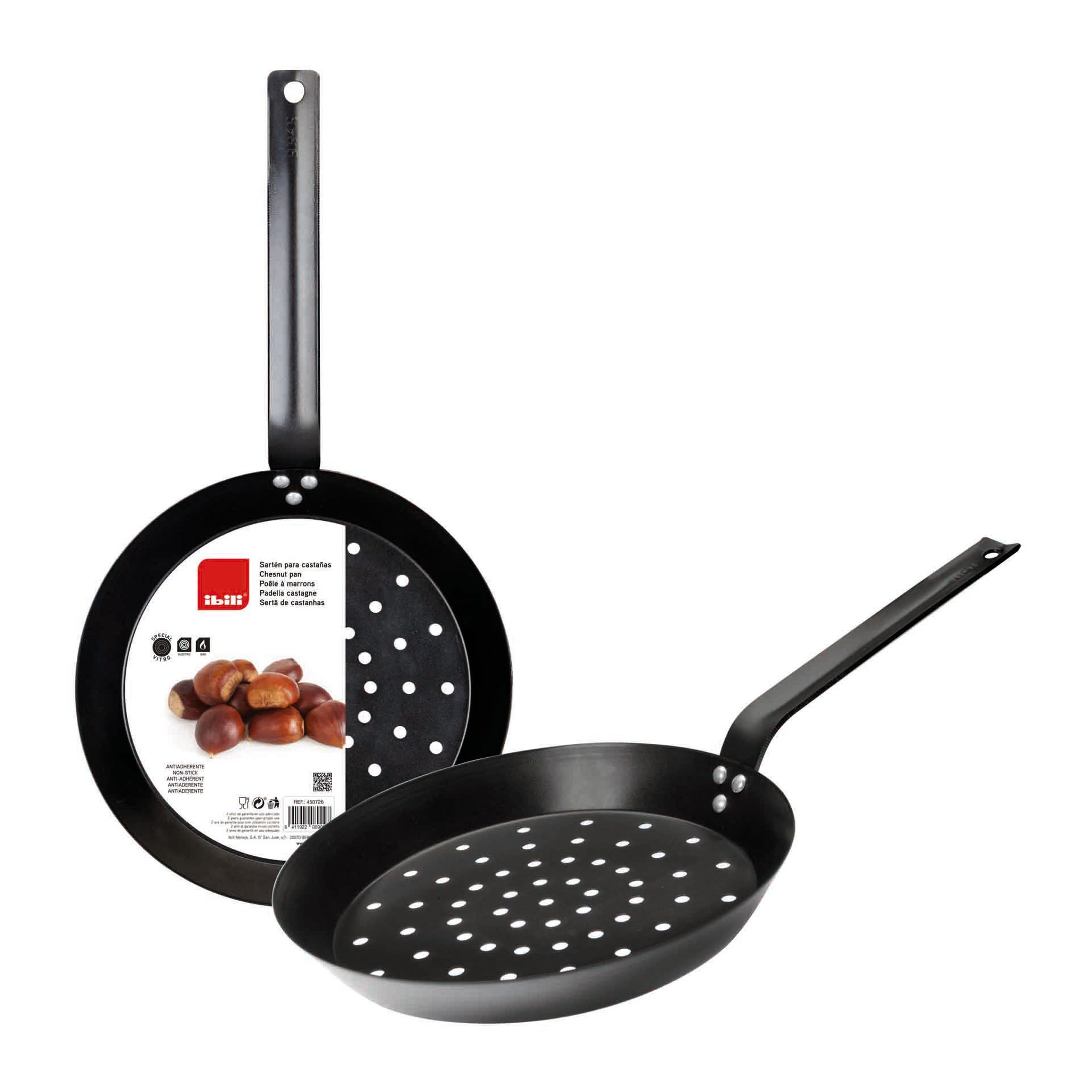 Perforated 26 cm chestnut pan with non-stick coating, shown with and without its label