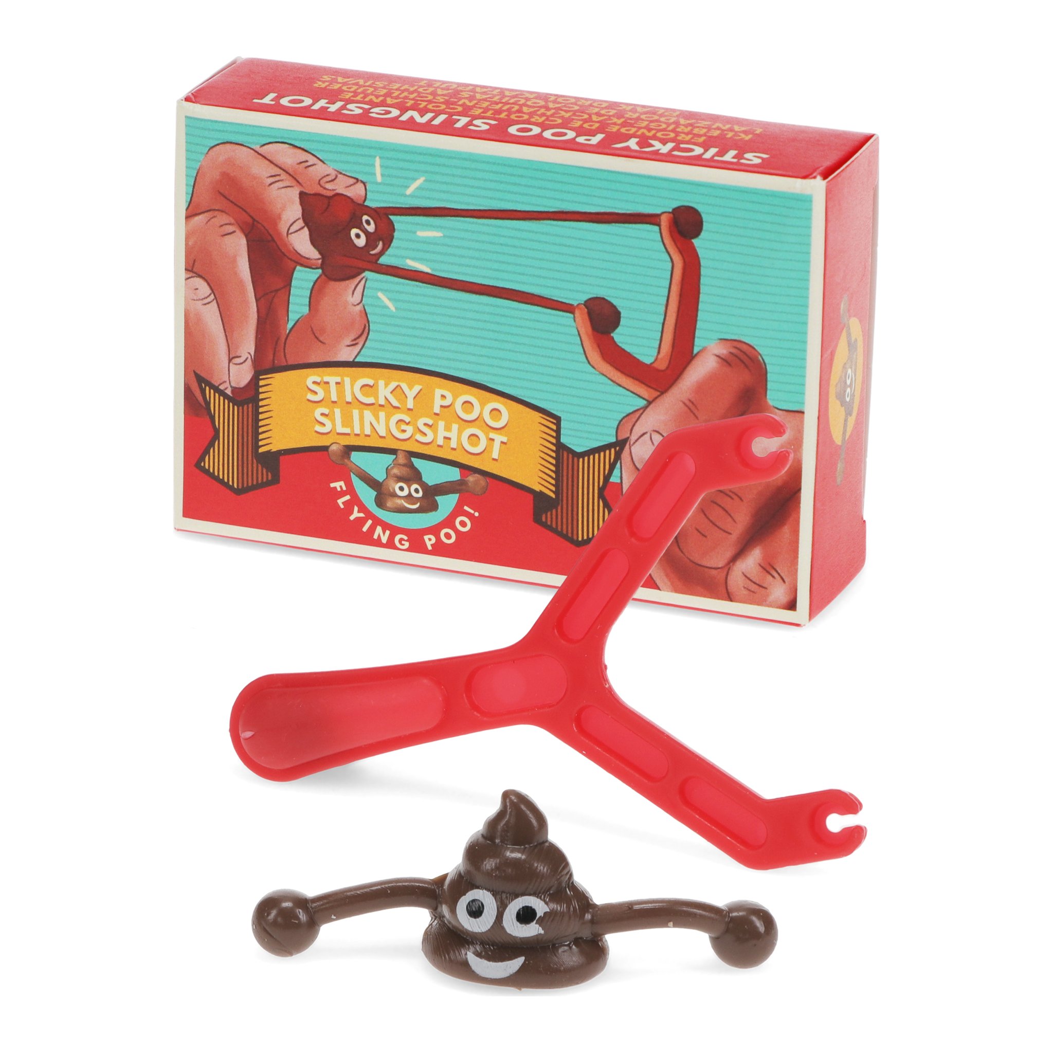 Catapulte à crotte devant la boîte « Sticky Poo Slingshot »