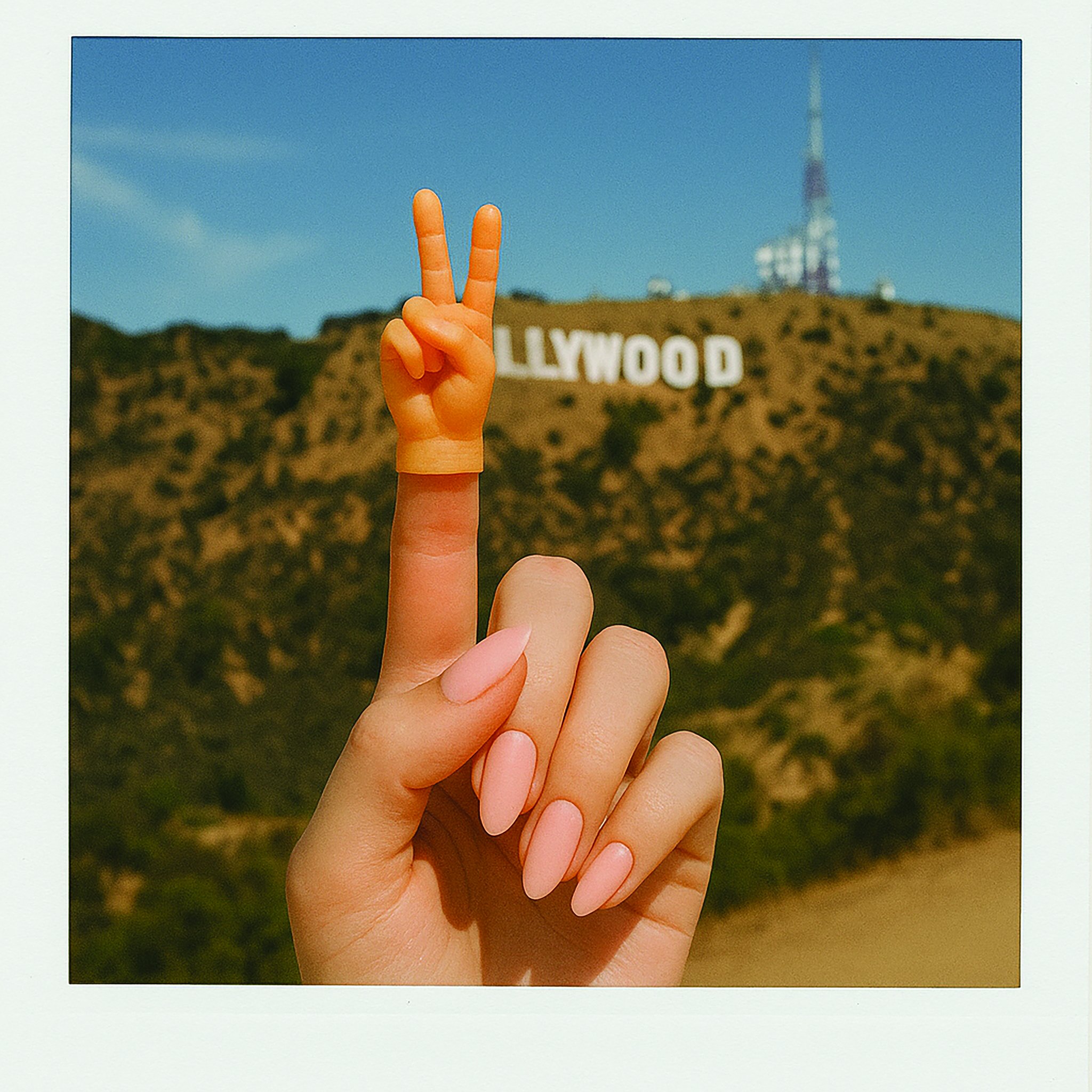 Tiny Hands Peace Sign Mini-Finger vor Hollywood-Schild