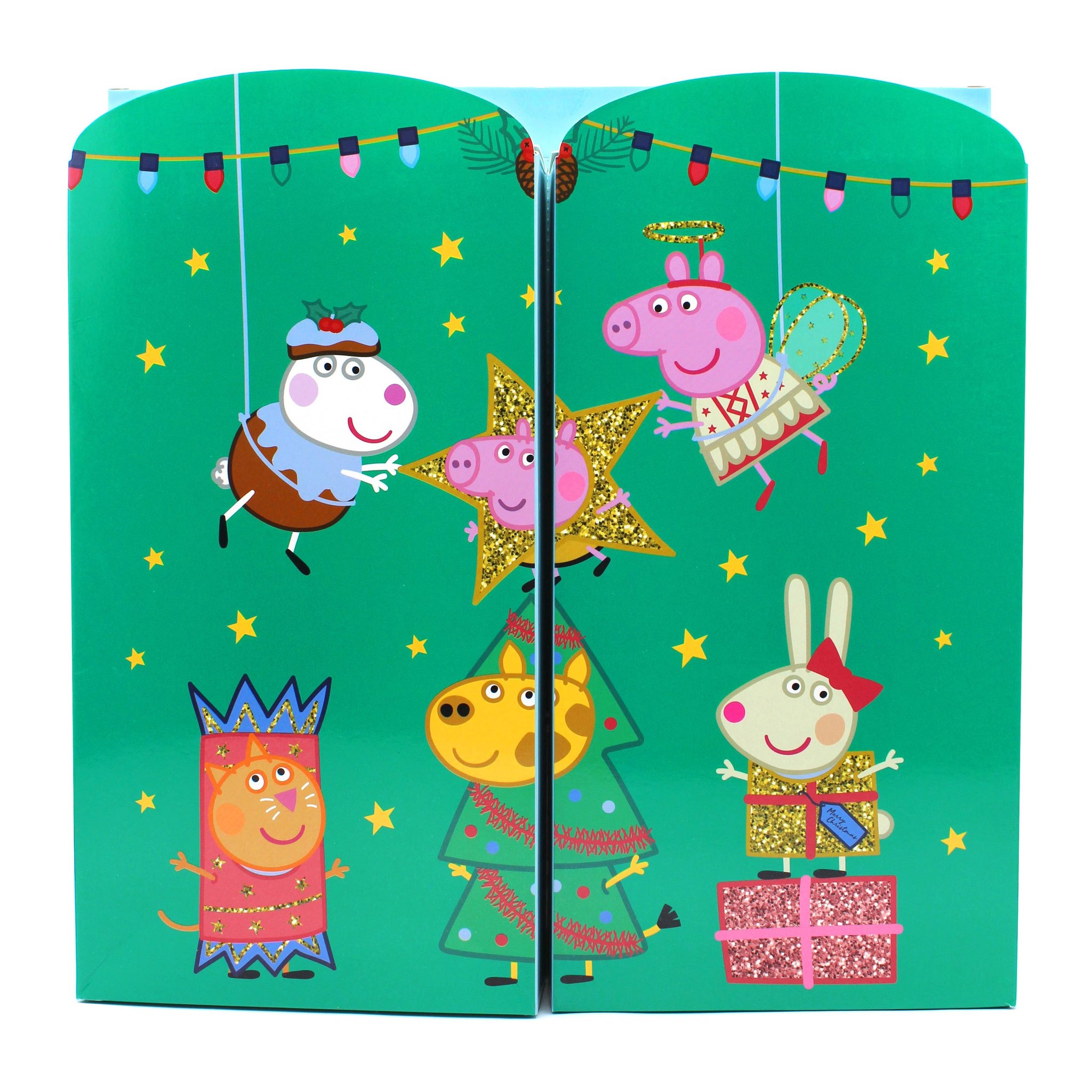 Geschlossener Peppa Pig Adventskalender: grüne Front mit Peppas Freunden an Lichterketten