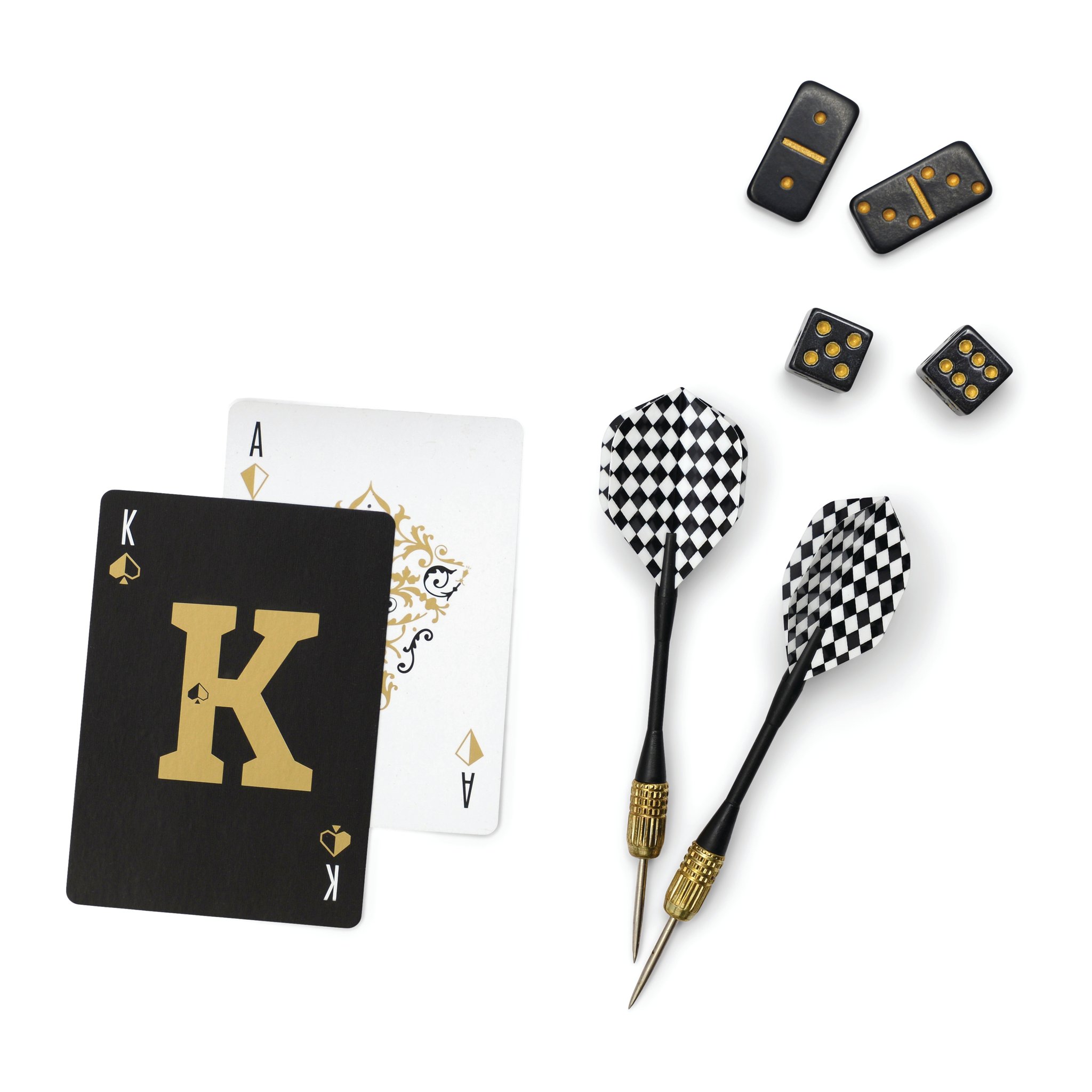 Contenu des Jeux de Bar: cartes noir et or, deux fléchettes, dominos et deux dés sur fond blanc