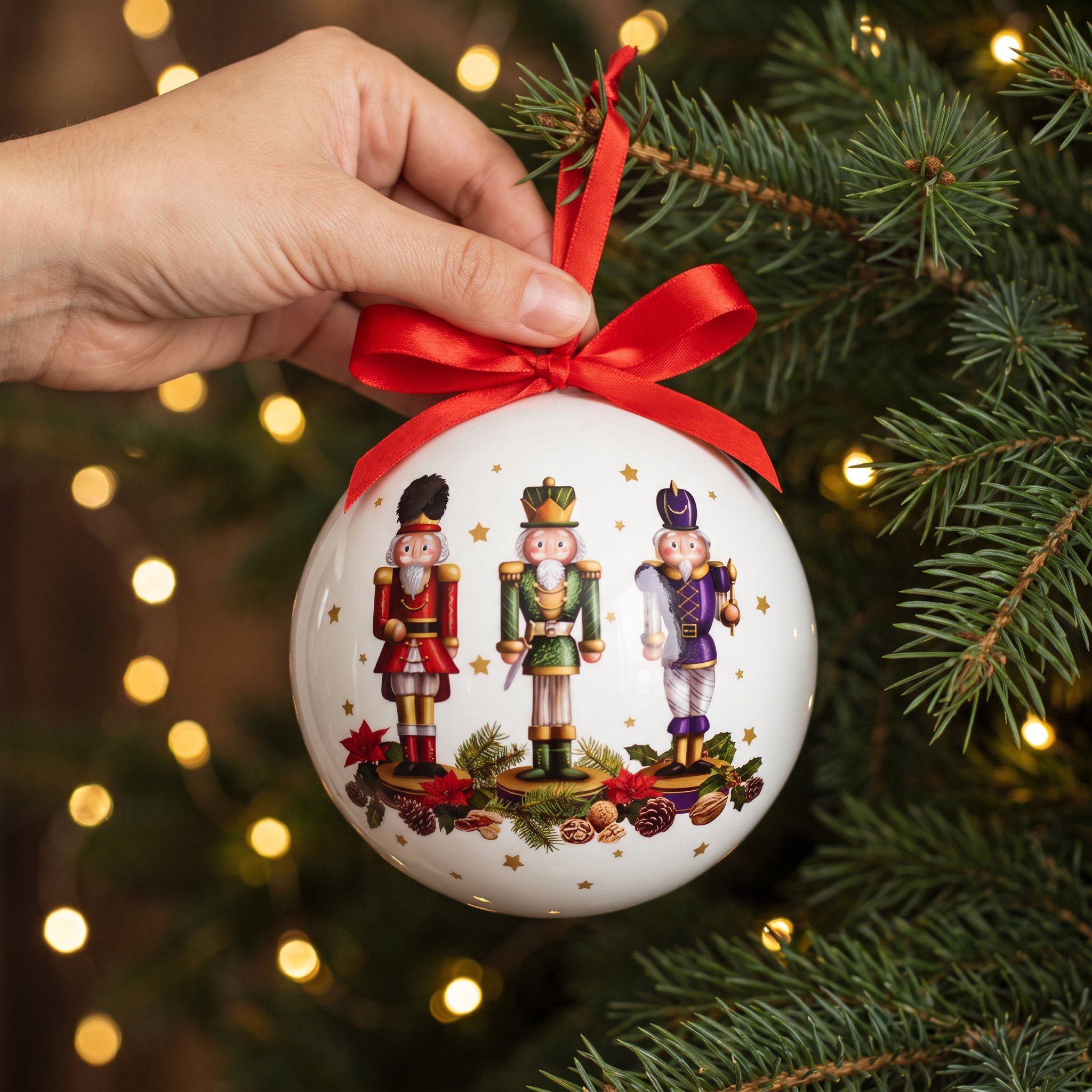 Hand hanging a nutcracker Christmas bauble by its red satin bow on a fir branch