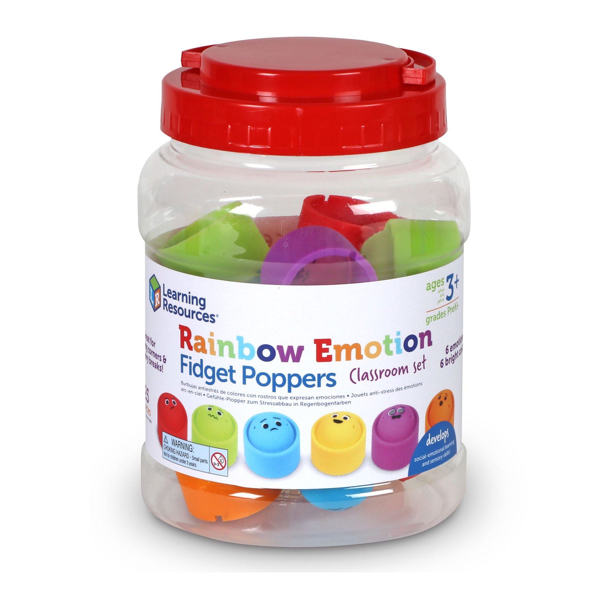 Transparente Aufbewahrungsdose mit rotem Deckel, gefüllt mit den 24 Rainbow Emotions Poppers