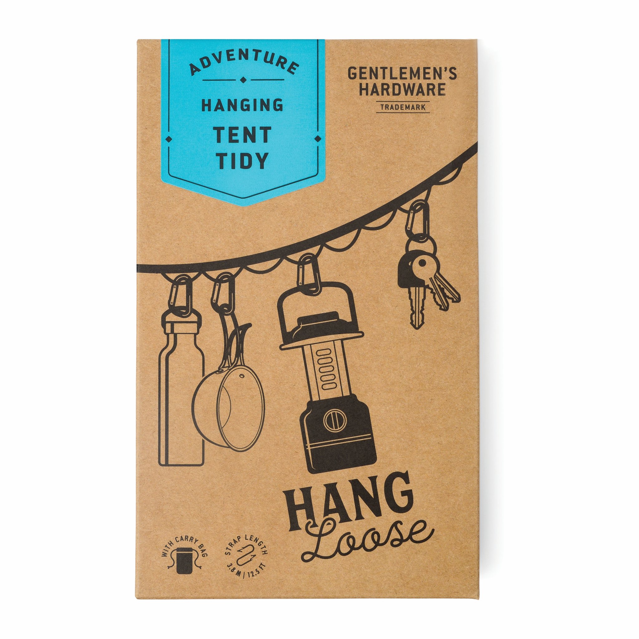 Brown cardboard box of the Hanging tent tidy with a blue label and a lantern, bottle and keys illustrated