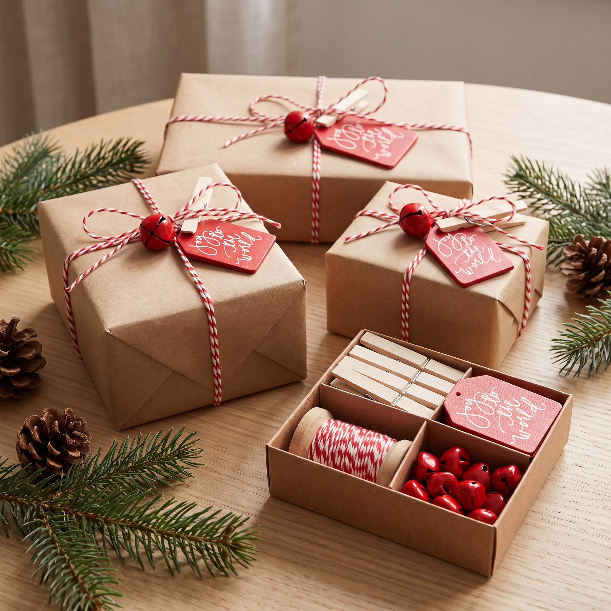 In Packpapier verpackte Geschenke mit Kordel, roten Glöckchen und Anhängern an Holzklammern
