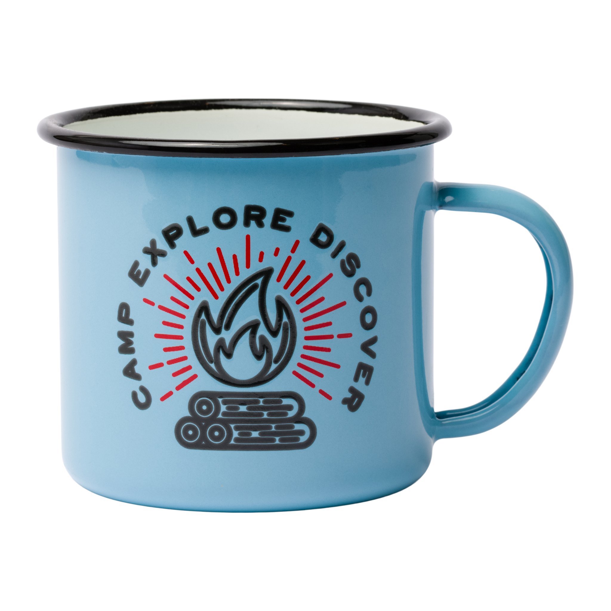 Hellblaue Emailletasse Camp Explore mit schwarzem Rand und Lagerfeuer-Motiv samt Schriftzug Camp Explore Discover