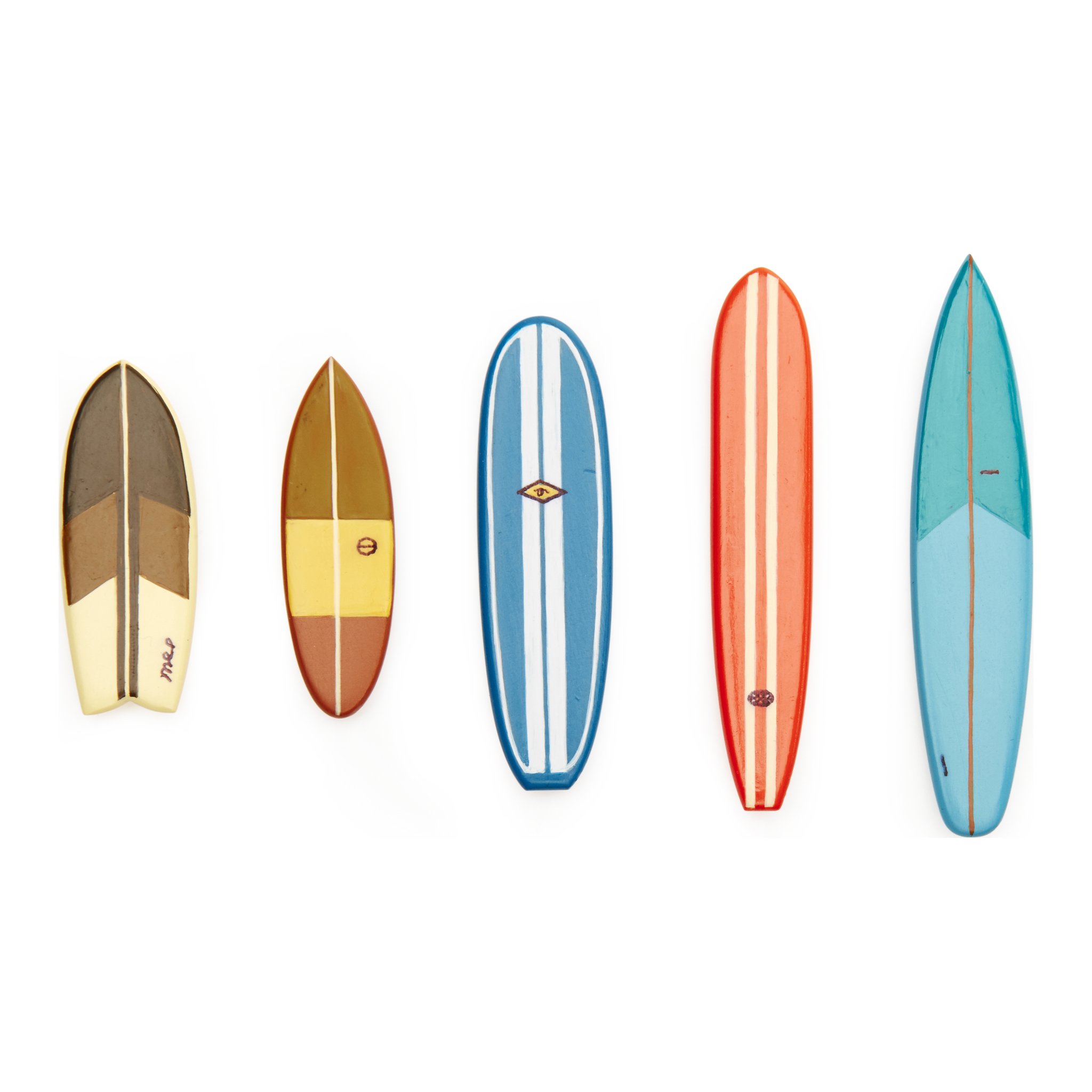Cinque magneti tavola da surf in legno, blu, arancione e turchese