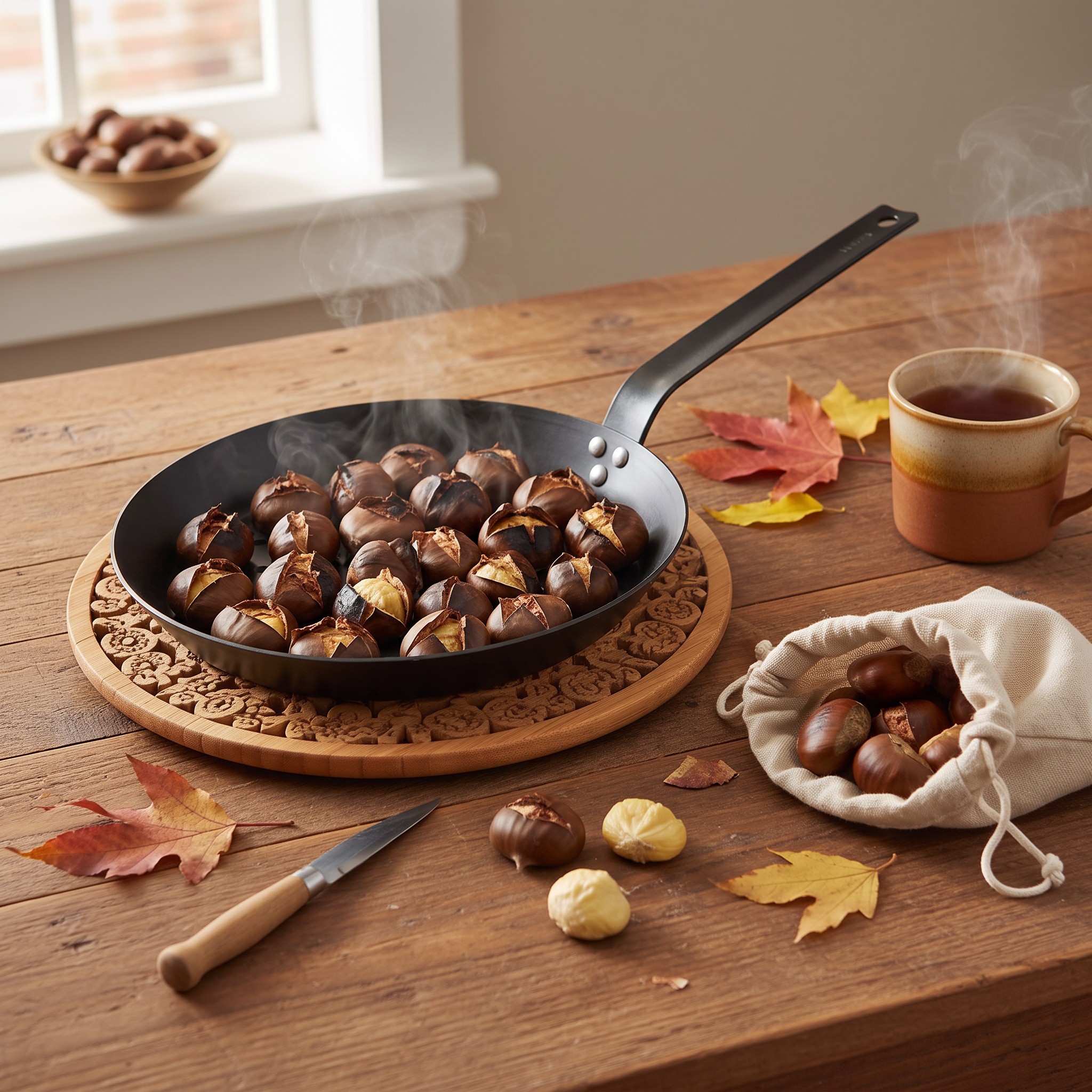 Chestnut pan with freshly roasted chestnuts on a wooden table, with a knife, a linen bag of chestnuts and tea