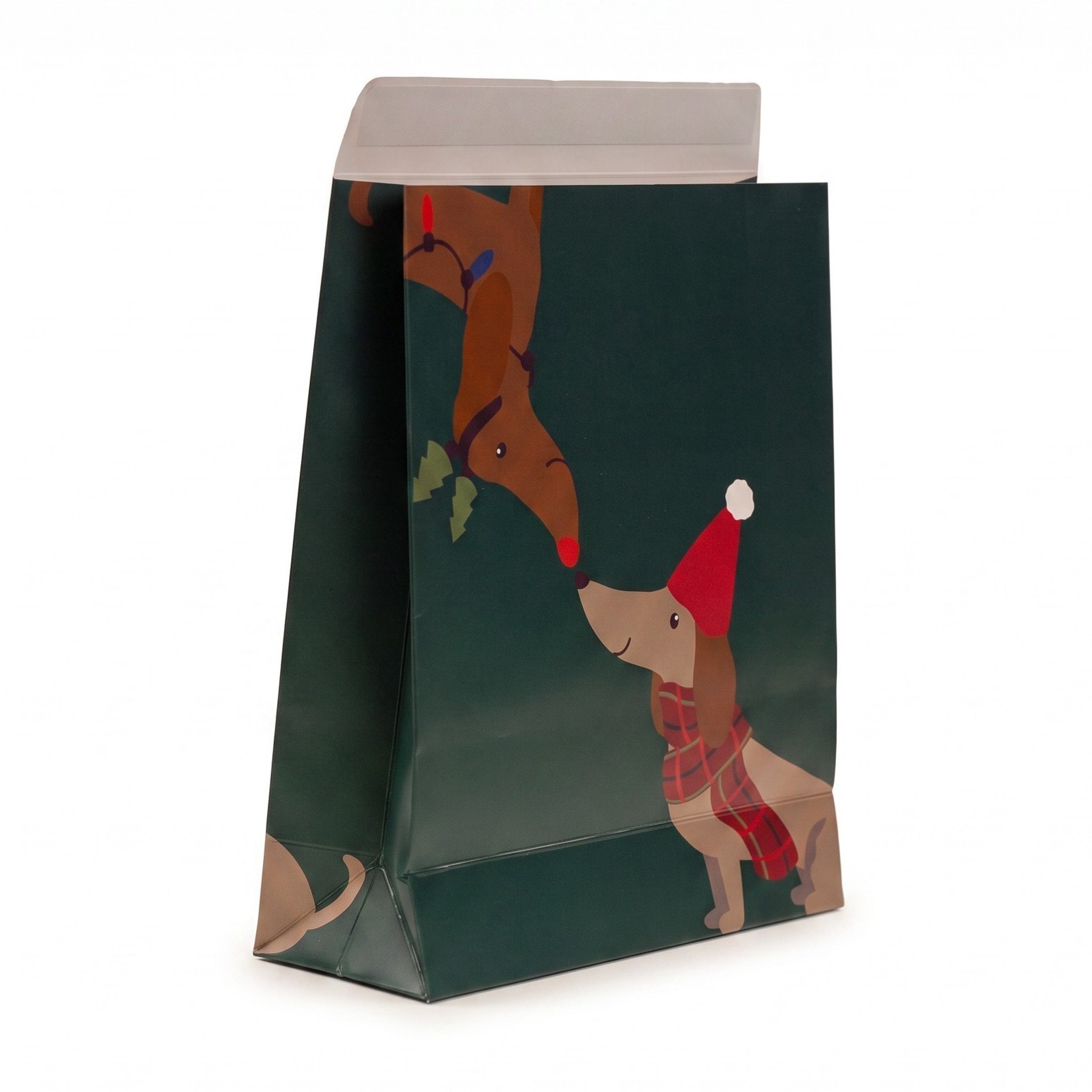 Geschenktüte Dackel Grün schräg von vorne mit umgeklappter Verschlusslasche