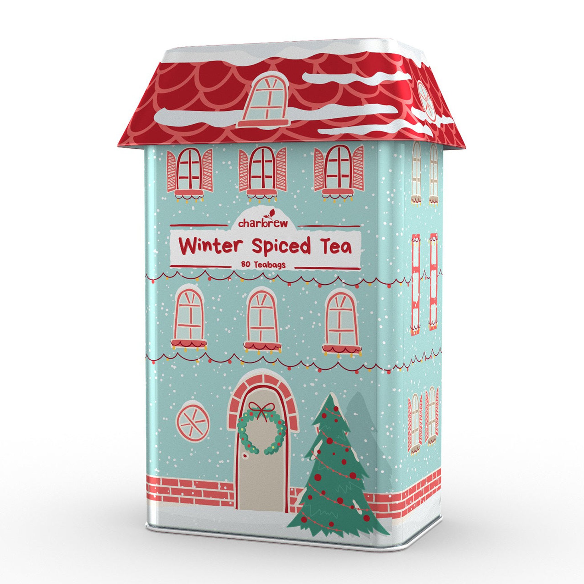 Turquoise Christmas house tea tin with red roof, fir tree and wreath on the door