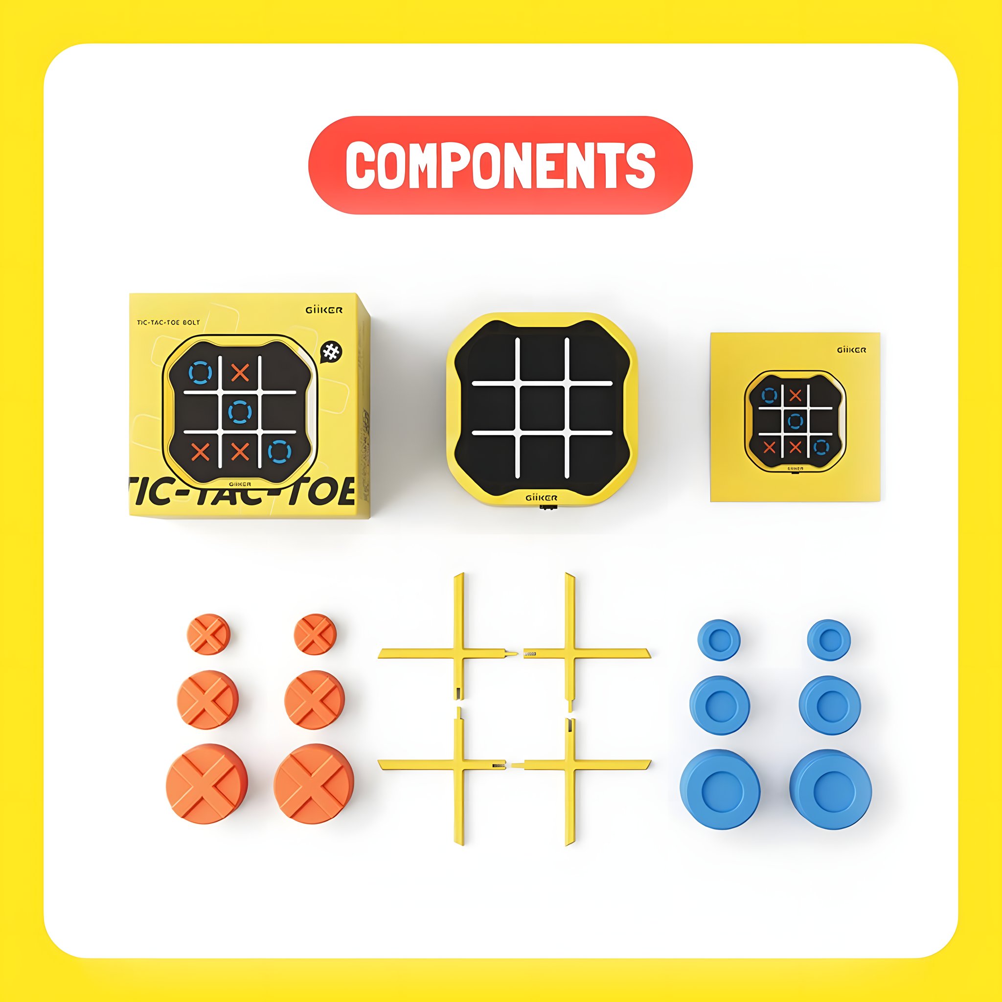 Lieferumfang der Tic Tac Toe Konsole mit allen Spielsteinen