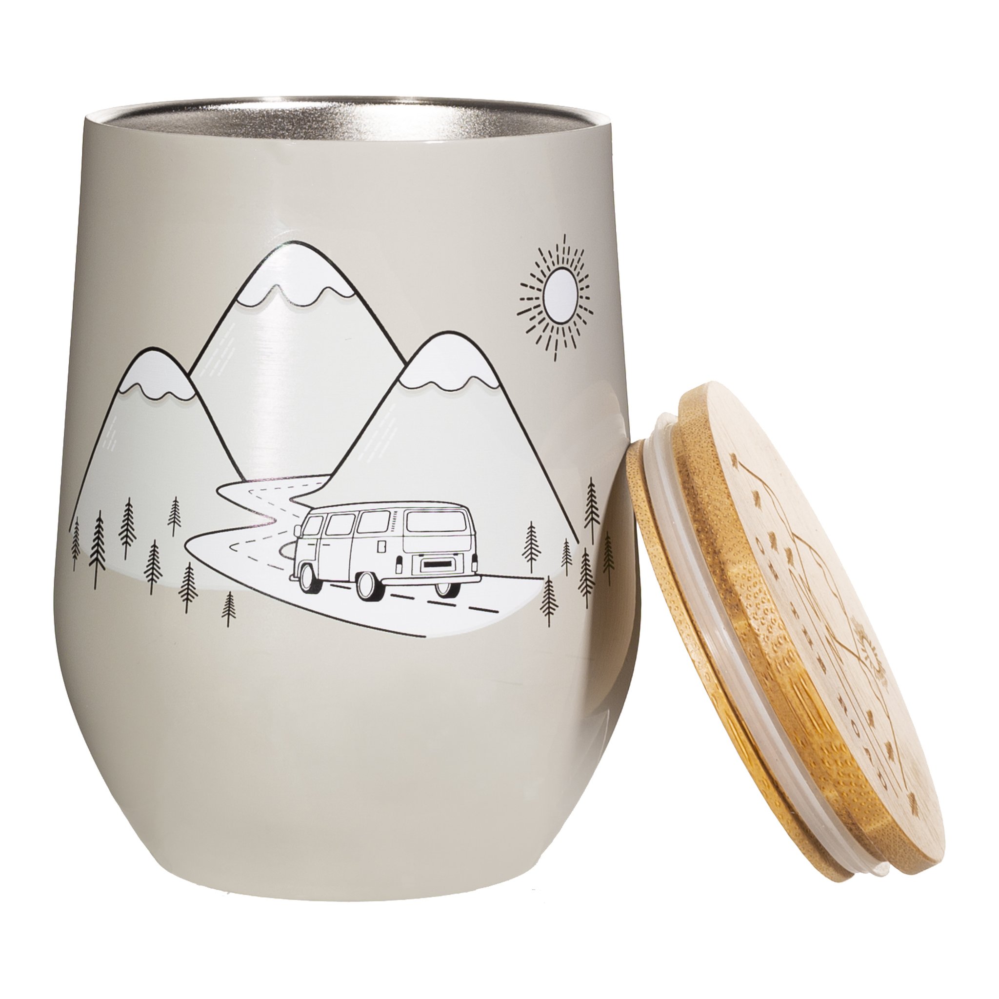 Mug On the Road détouré, gobelet gris avec motif camping-car et couvercle en bambou