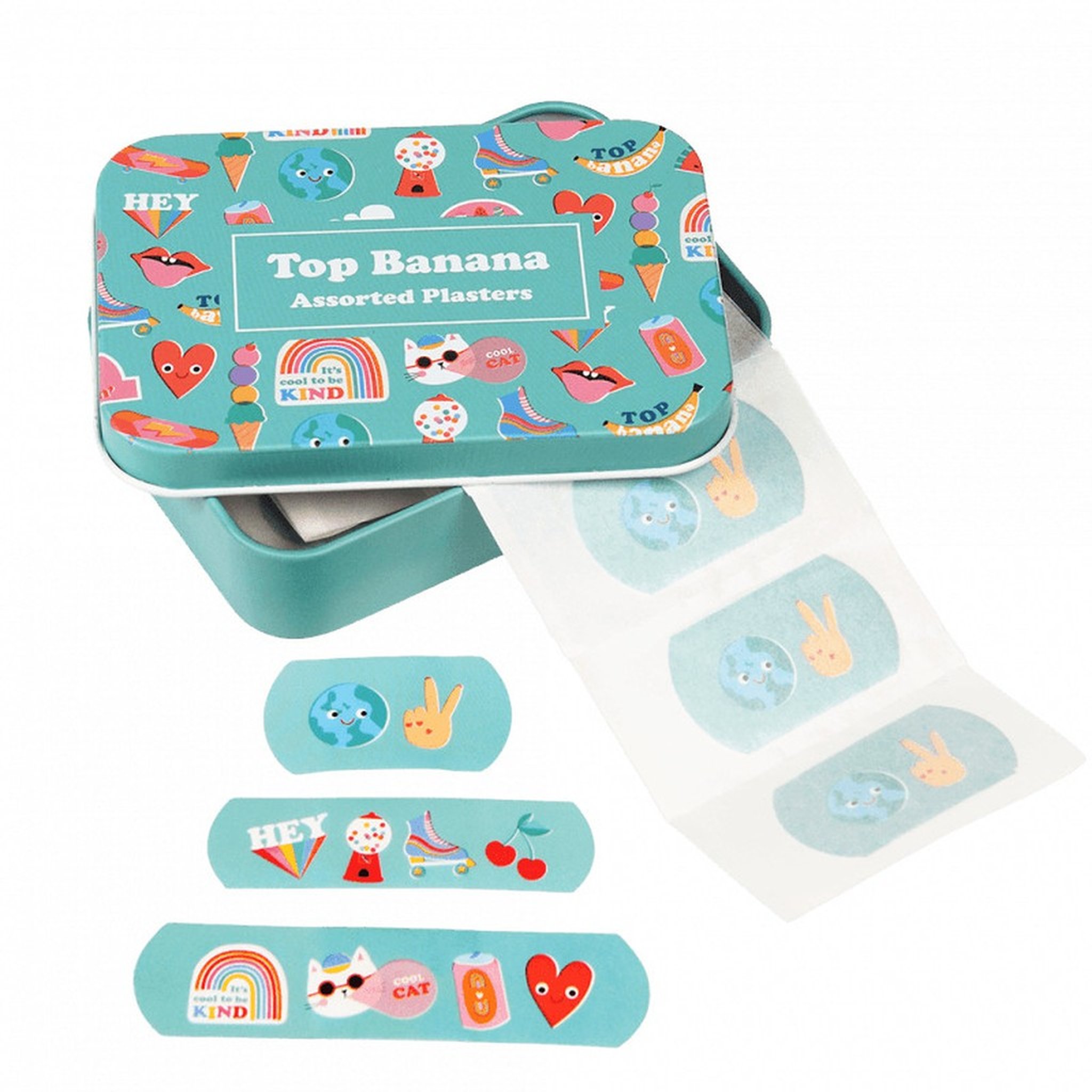 Opened tin of the Top Banana children's plasters with plaster strip