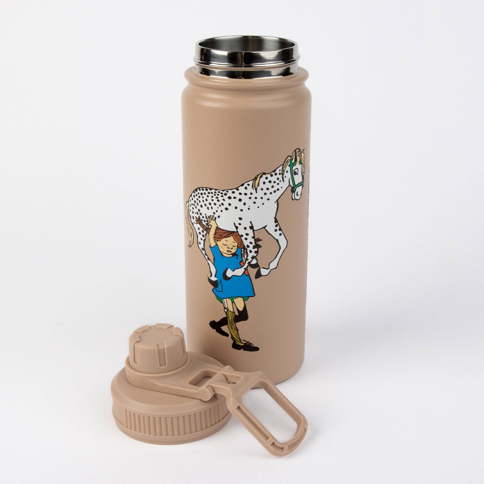 Opened Pippi stainless steel thermal bottle with the unscrewed lid beside it