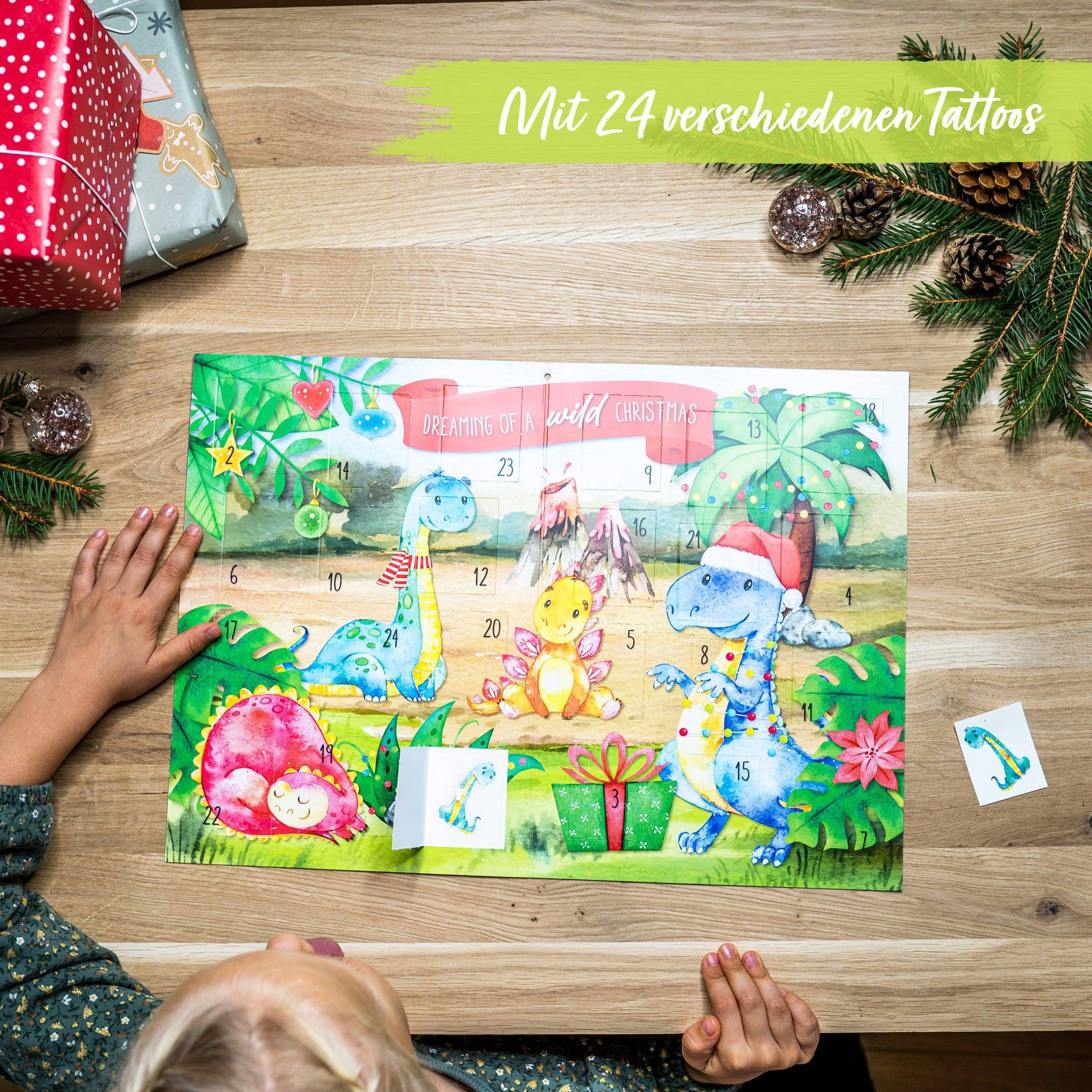 Calendario dell'Avvento tatuaggi dino per bambini