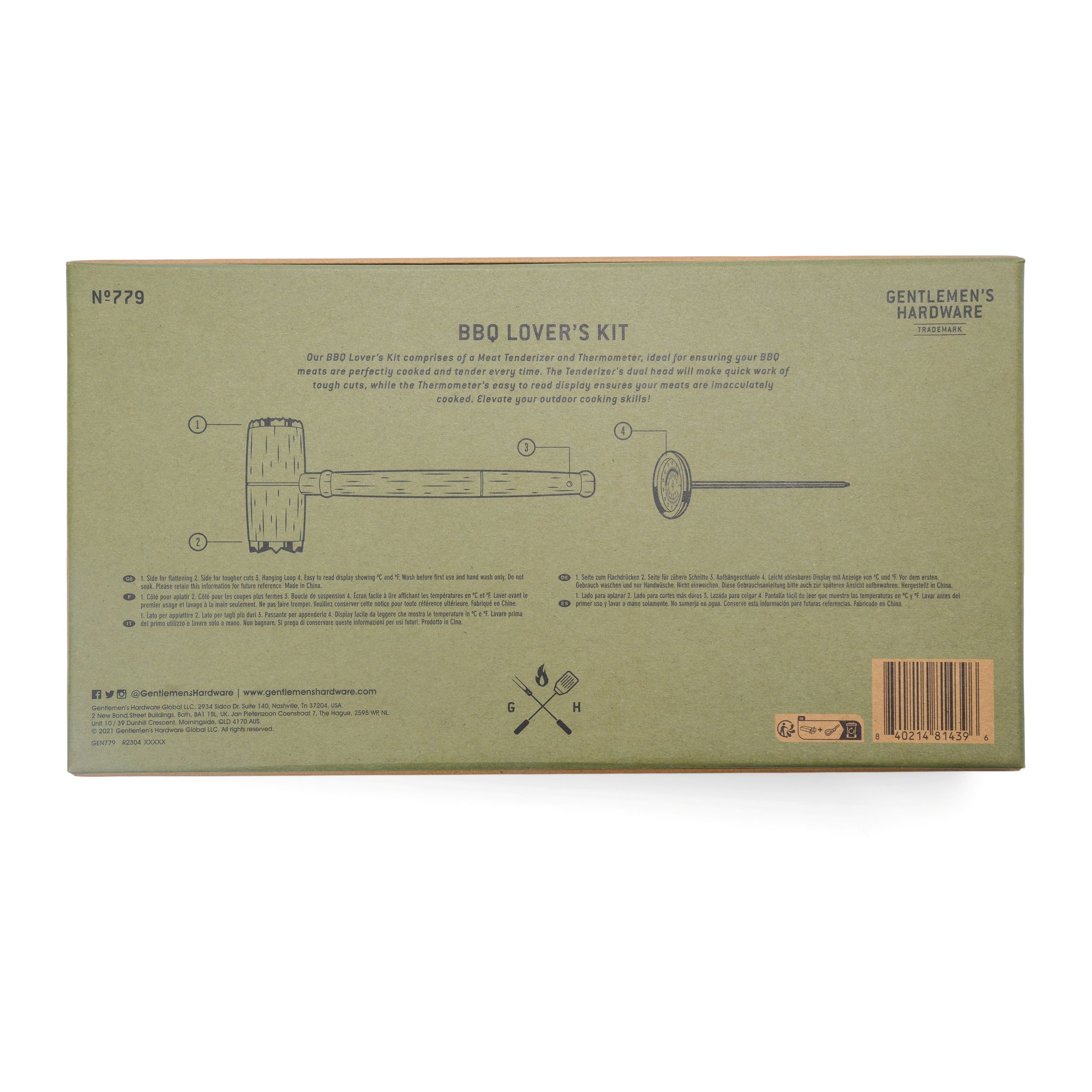 Green back of the BBQ Lovers Kit box with product text, a line illustration of both tools and a barcode
