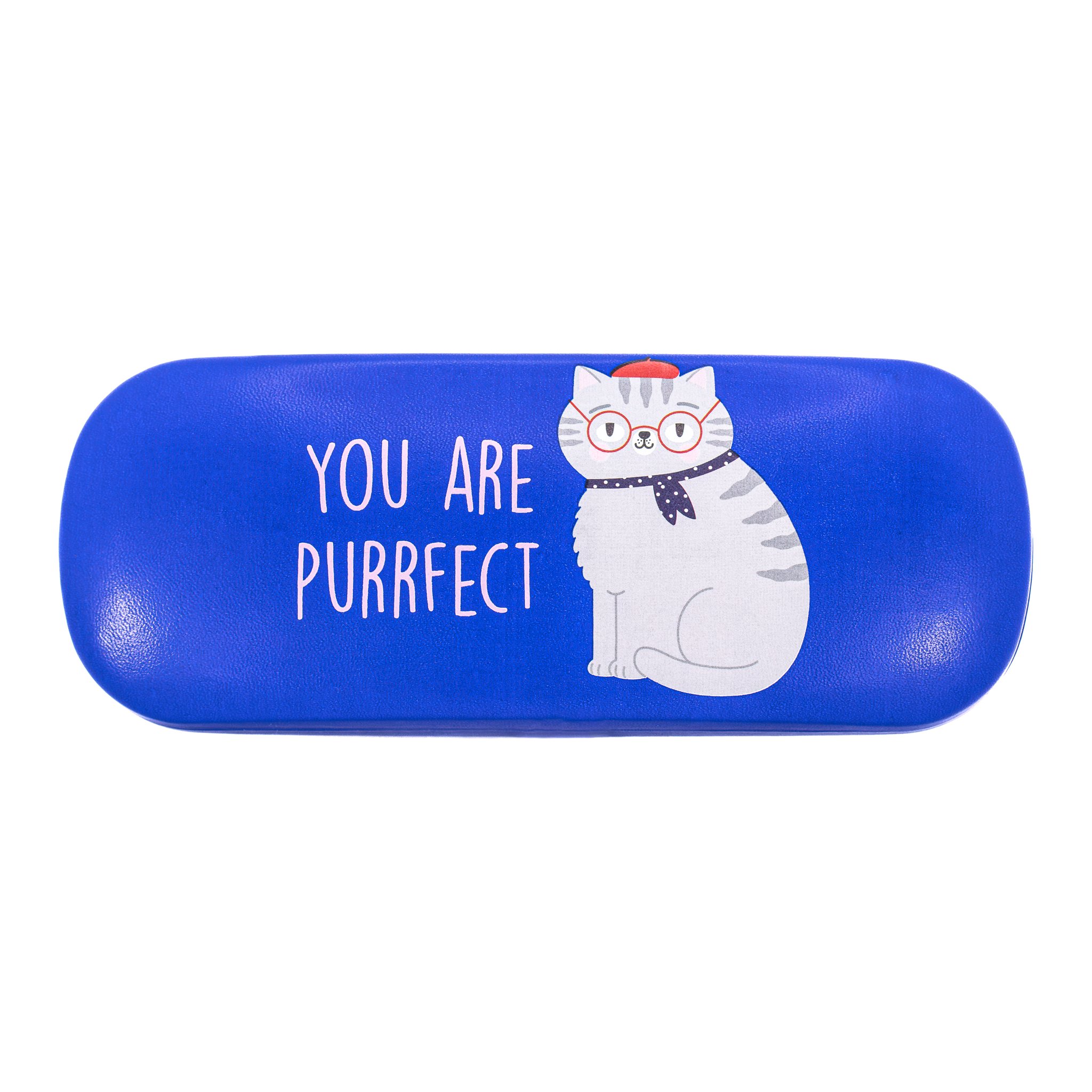 Purrfect cat glasses case cut-out, blue hard case with cat wearing glasses