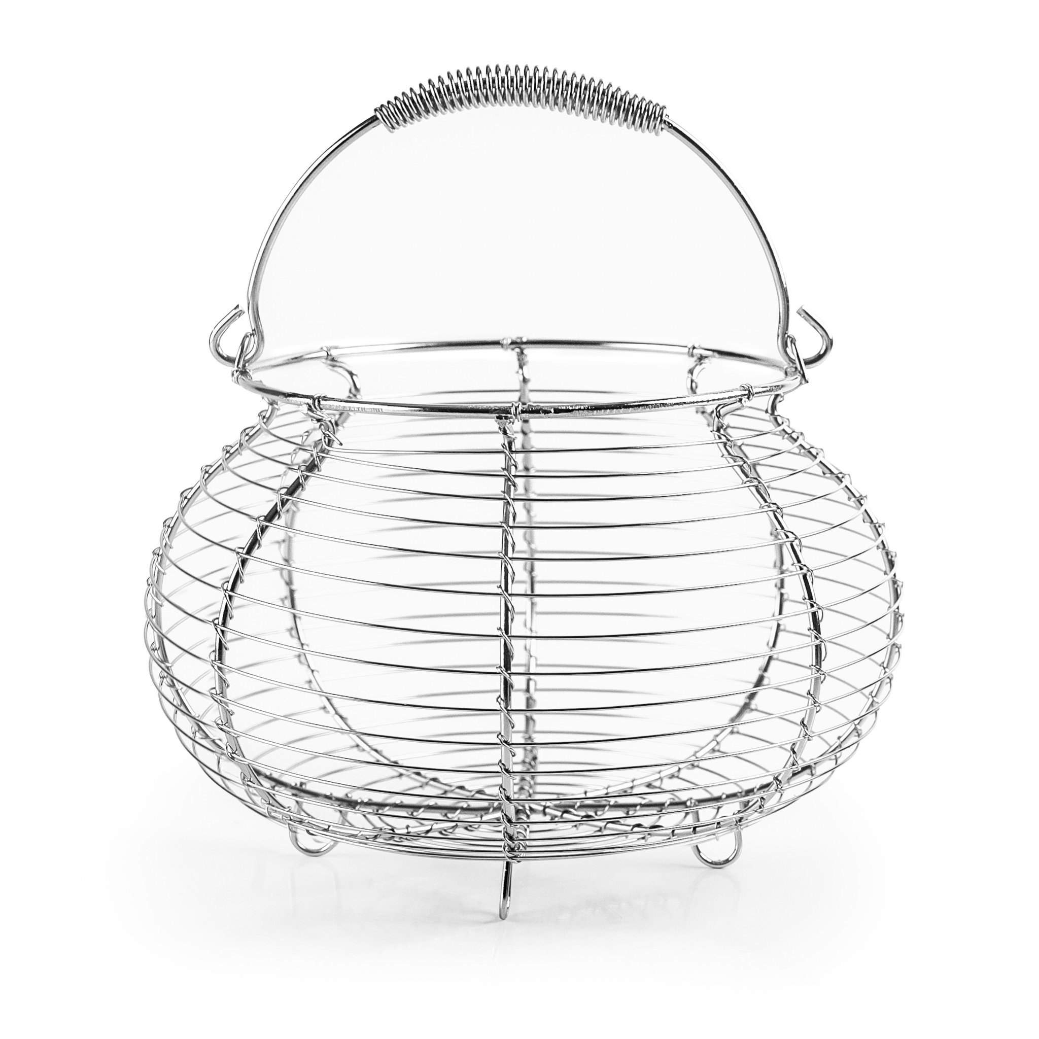 Empty chrome-plated steel wire egg basket with carrying handle