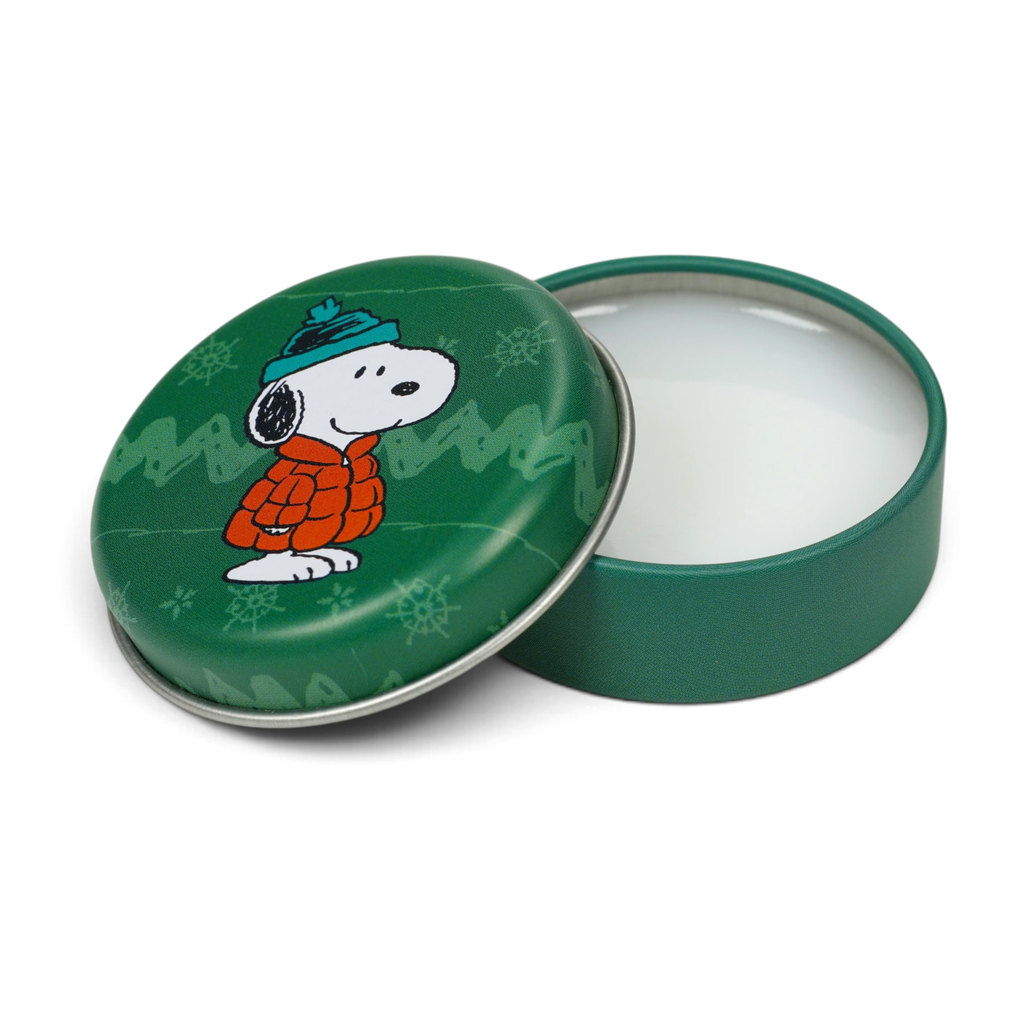Geöffnete Dose mit Snoopy in Winterjacke