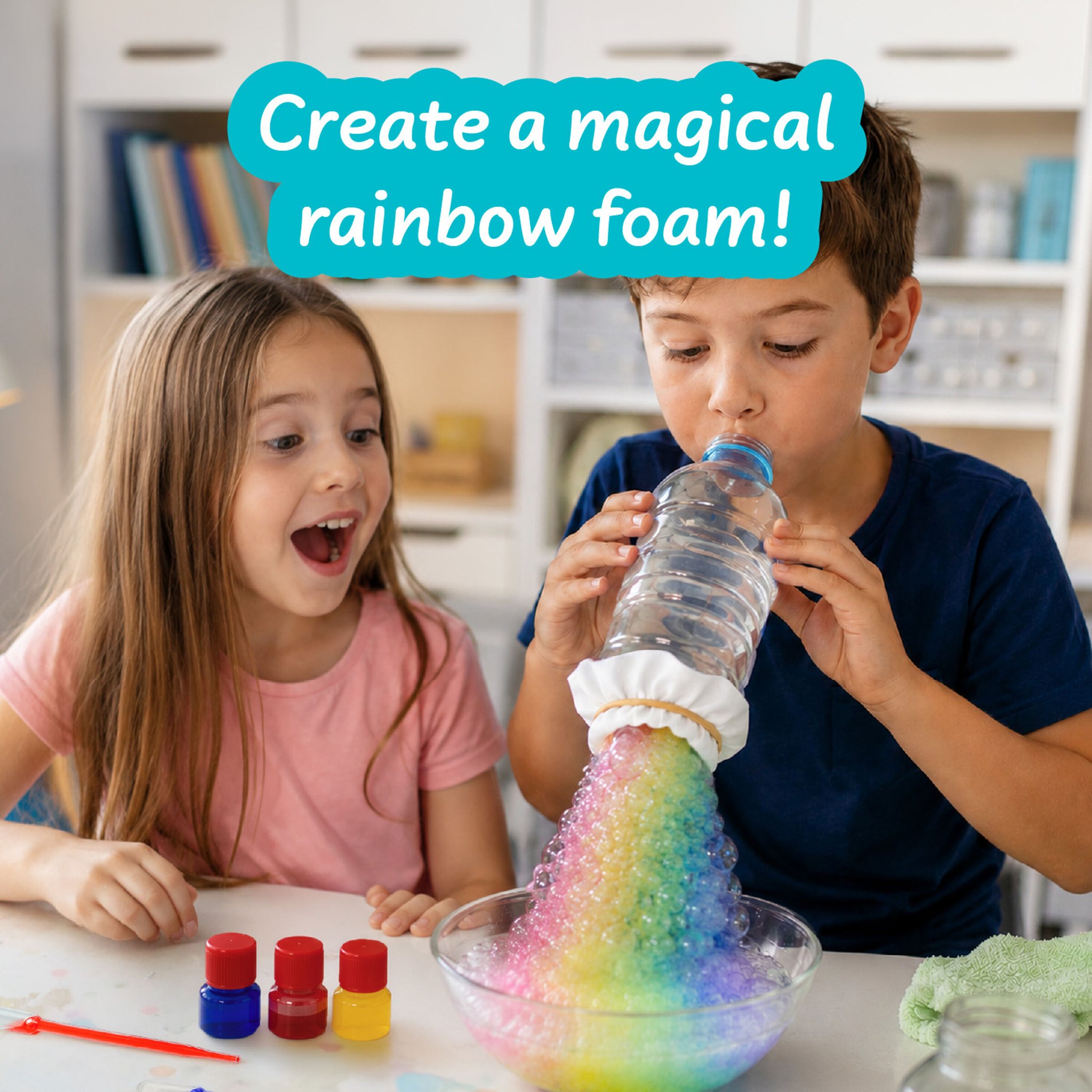 Kids making soap bubbles and rainbow foam