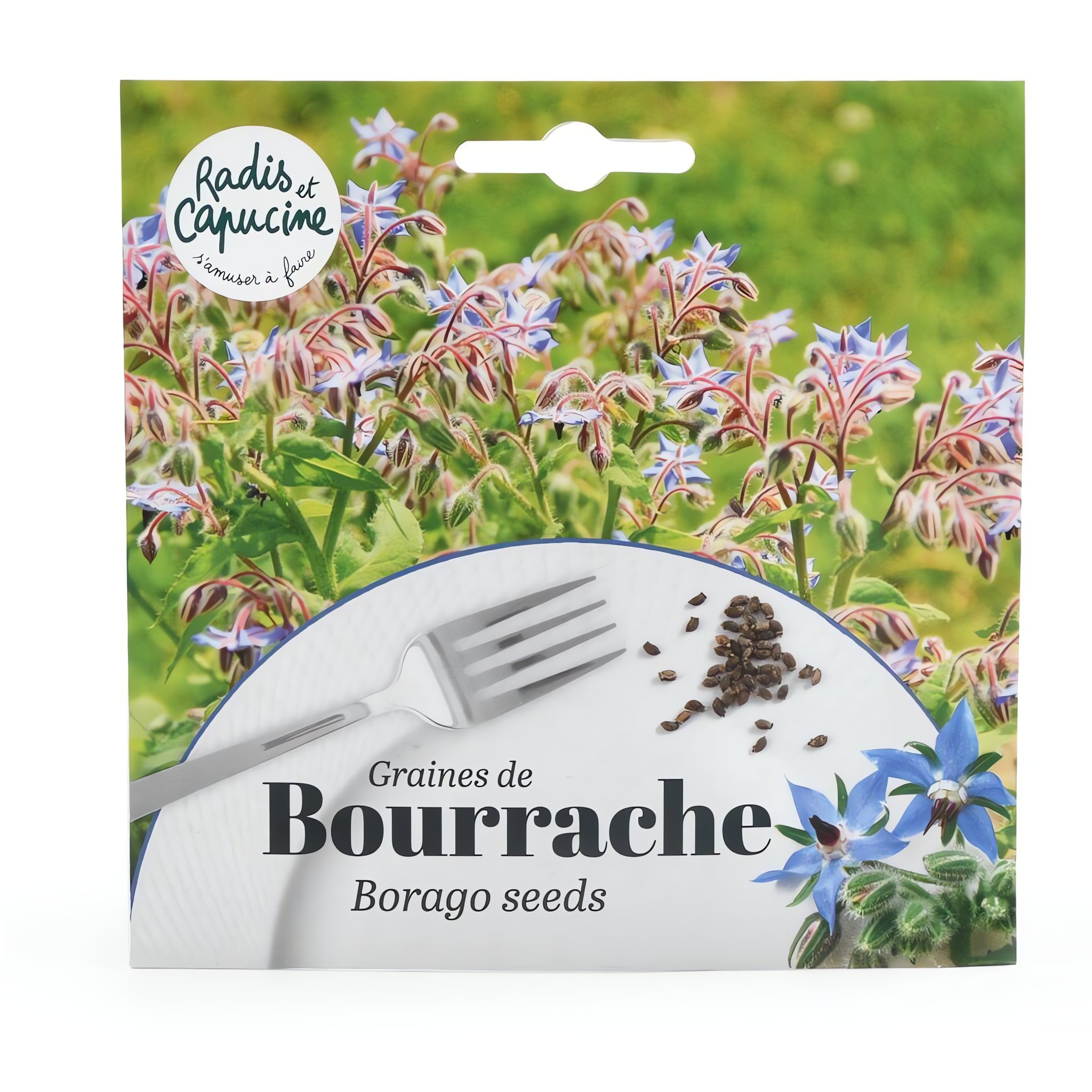 Samentüte Borretsch mit Foto der blauen Blüten und einer Gabel