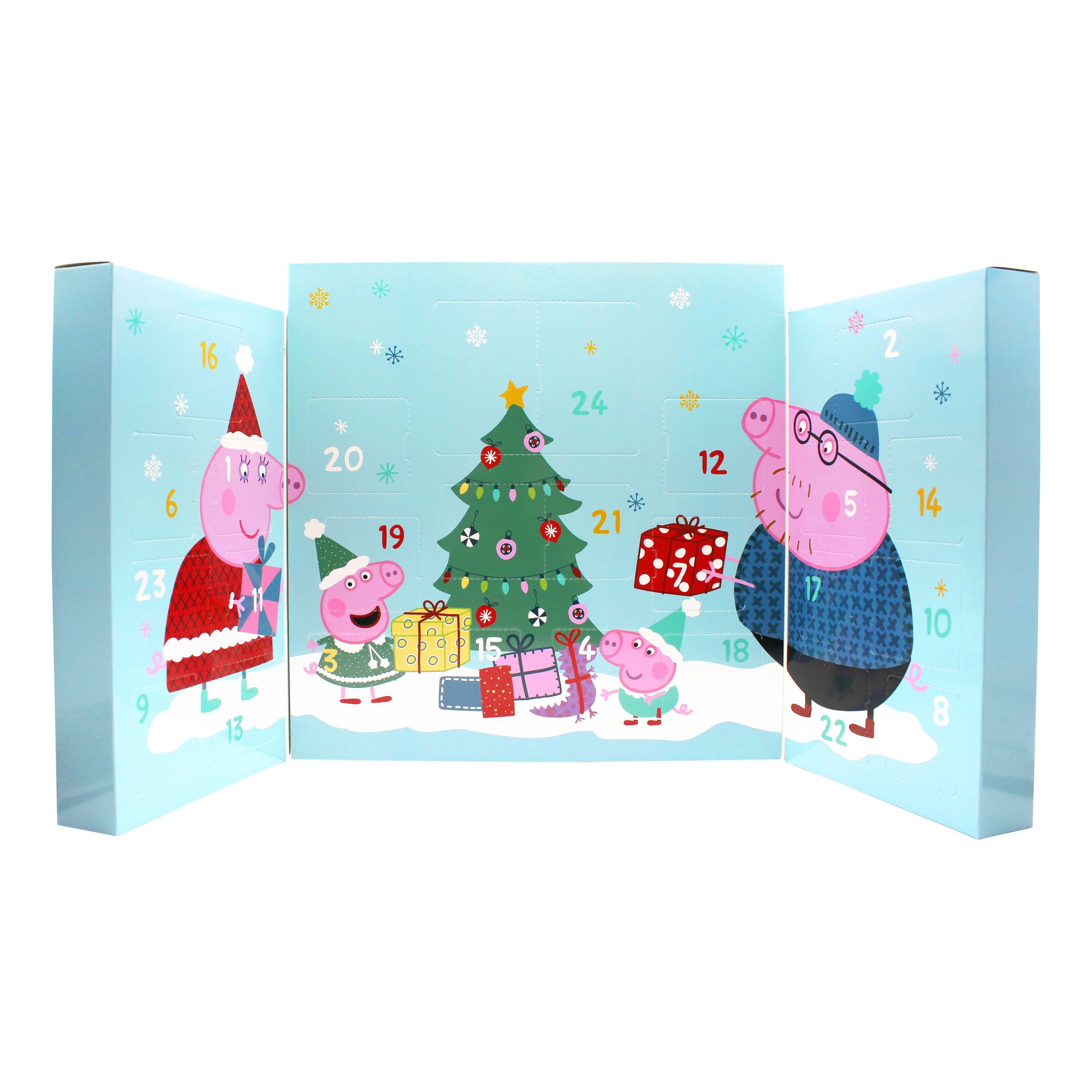 Aufgeklappter Peppa Pig Adventskalender mit Winterszene, Tannenbaum und 24 Türchen