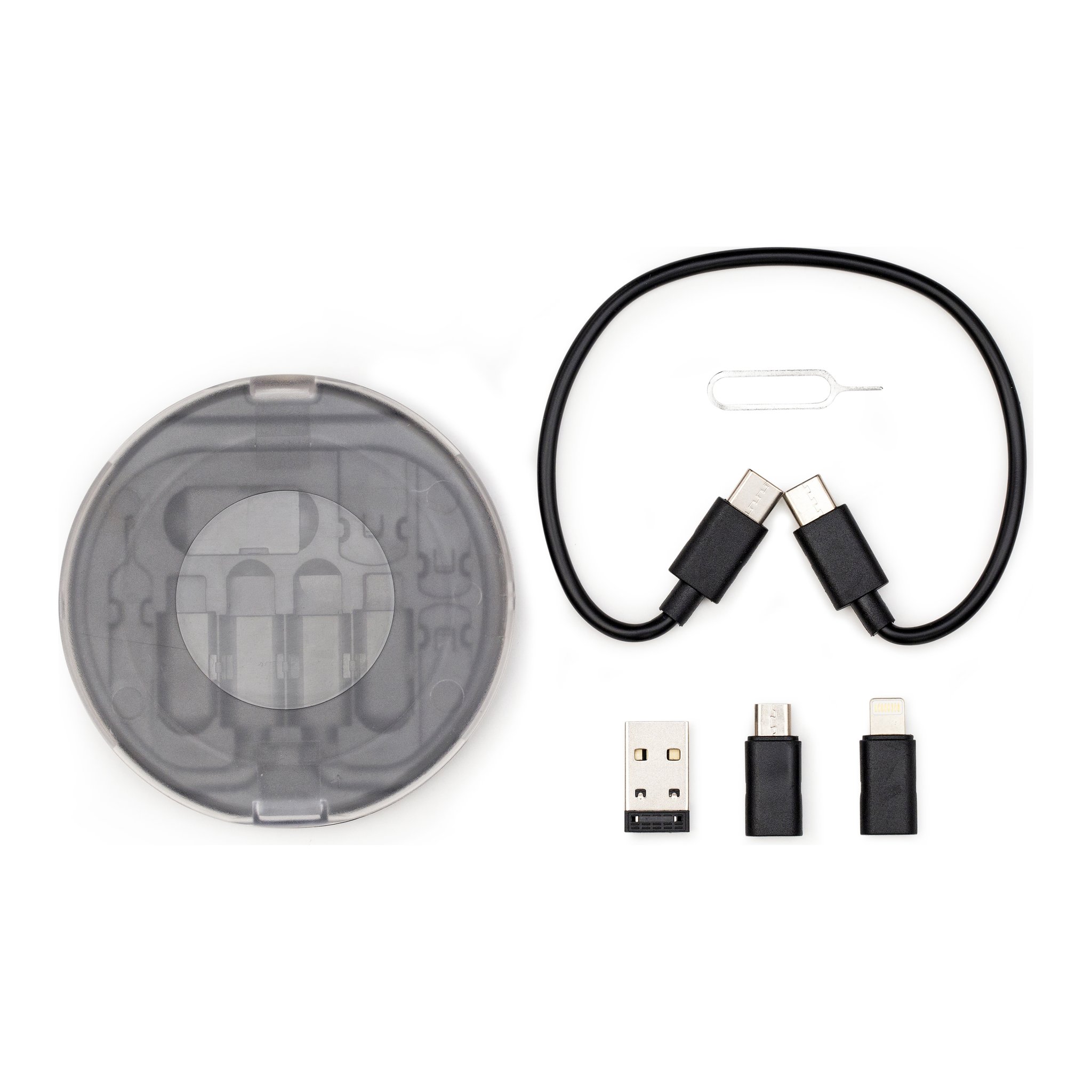 Set-Inhalt: Dose, Kabel, USB-Adapter und SIM-Nadel