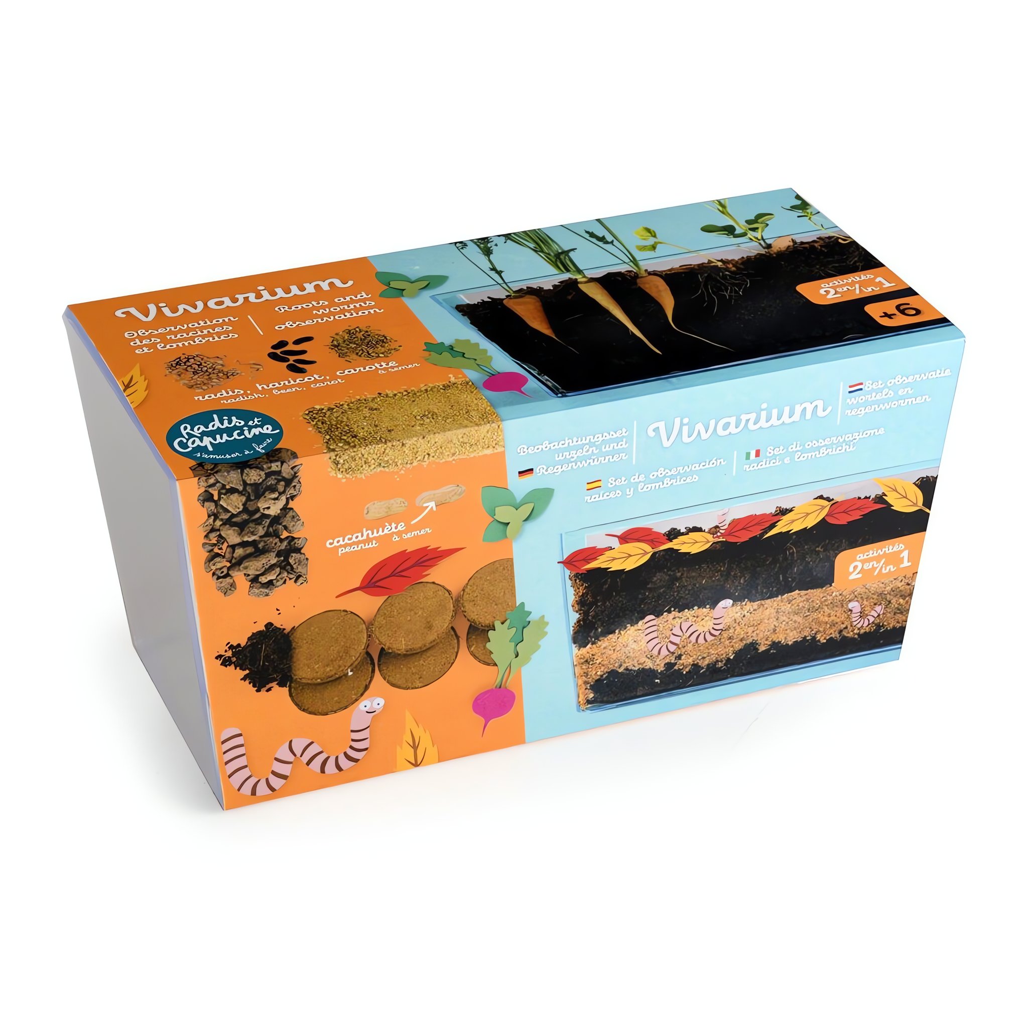 Längliche Verpackung des Vivarium-Sets mit Illustration von Erdschichten und Wurzeln
