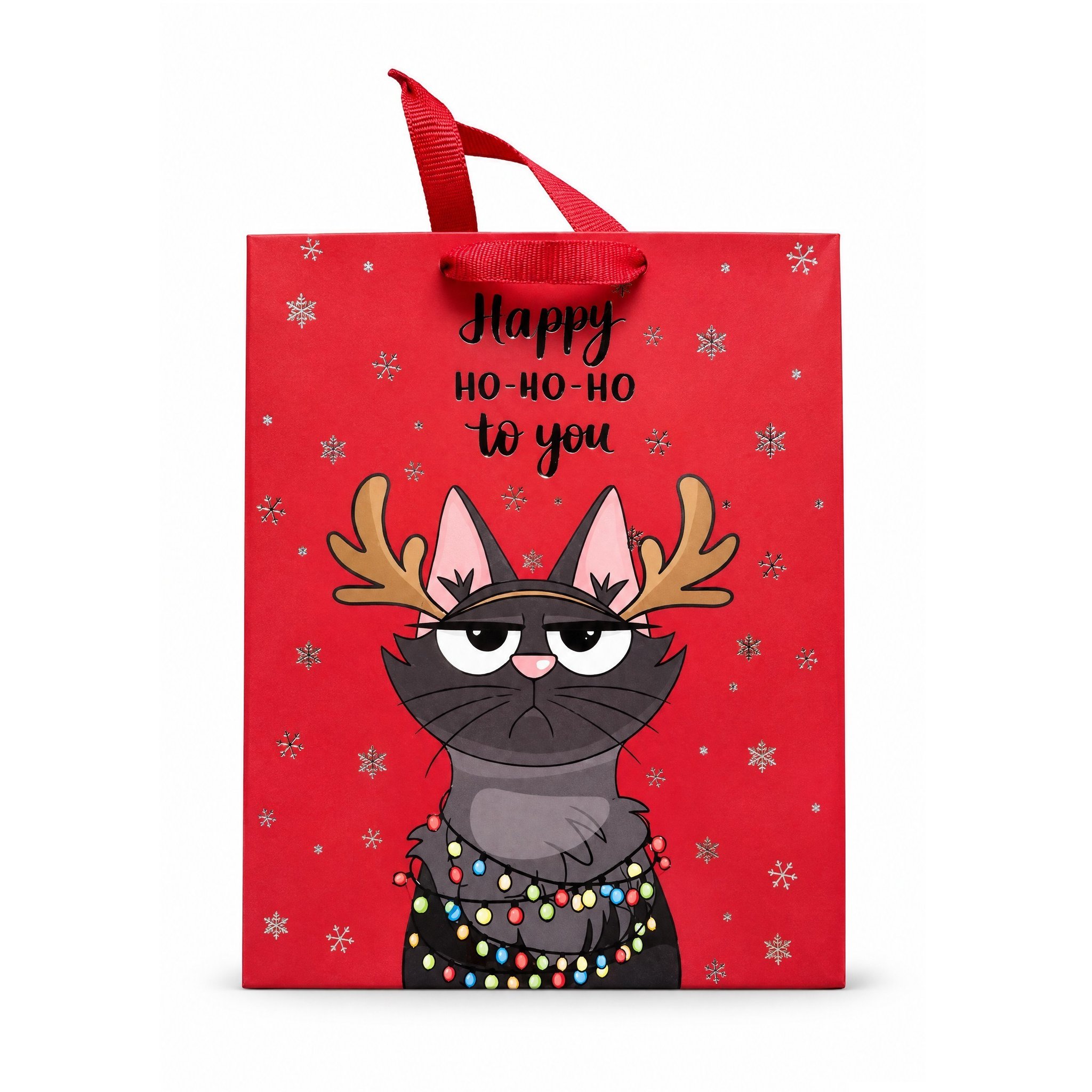 Sacchetto regalo rosso con gatto imbronciato con corna di renna e scritta Happy Ho-Ho-Ho