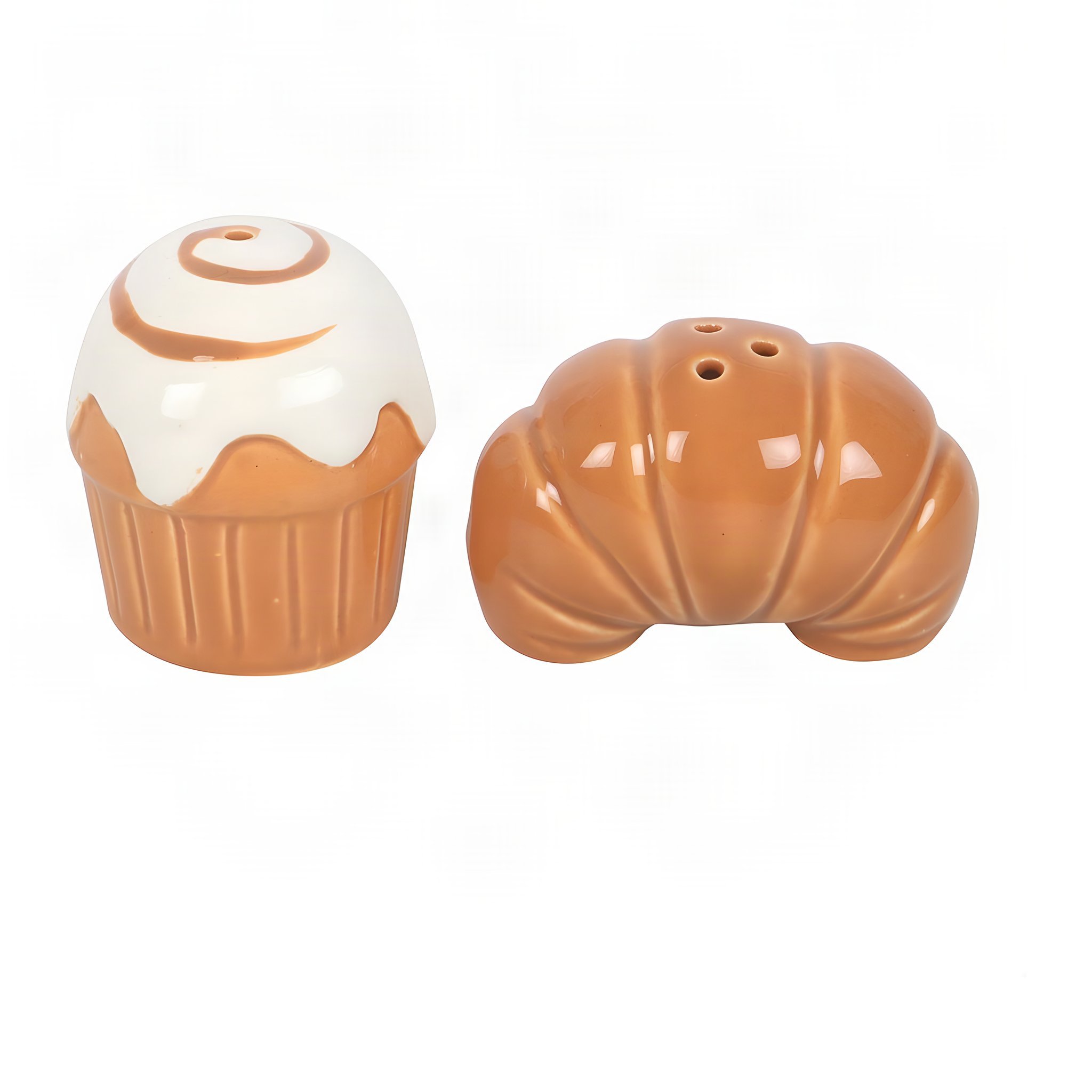 Salière et poivrière en céramique en forme de muffin roulé à la cannelle et de croissant
