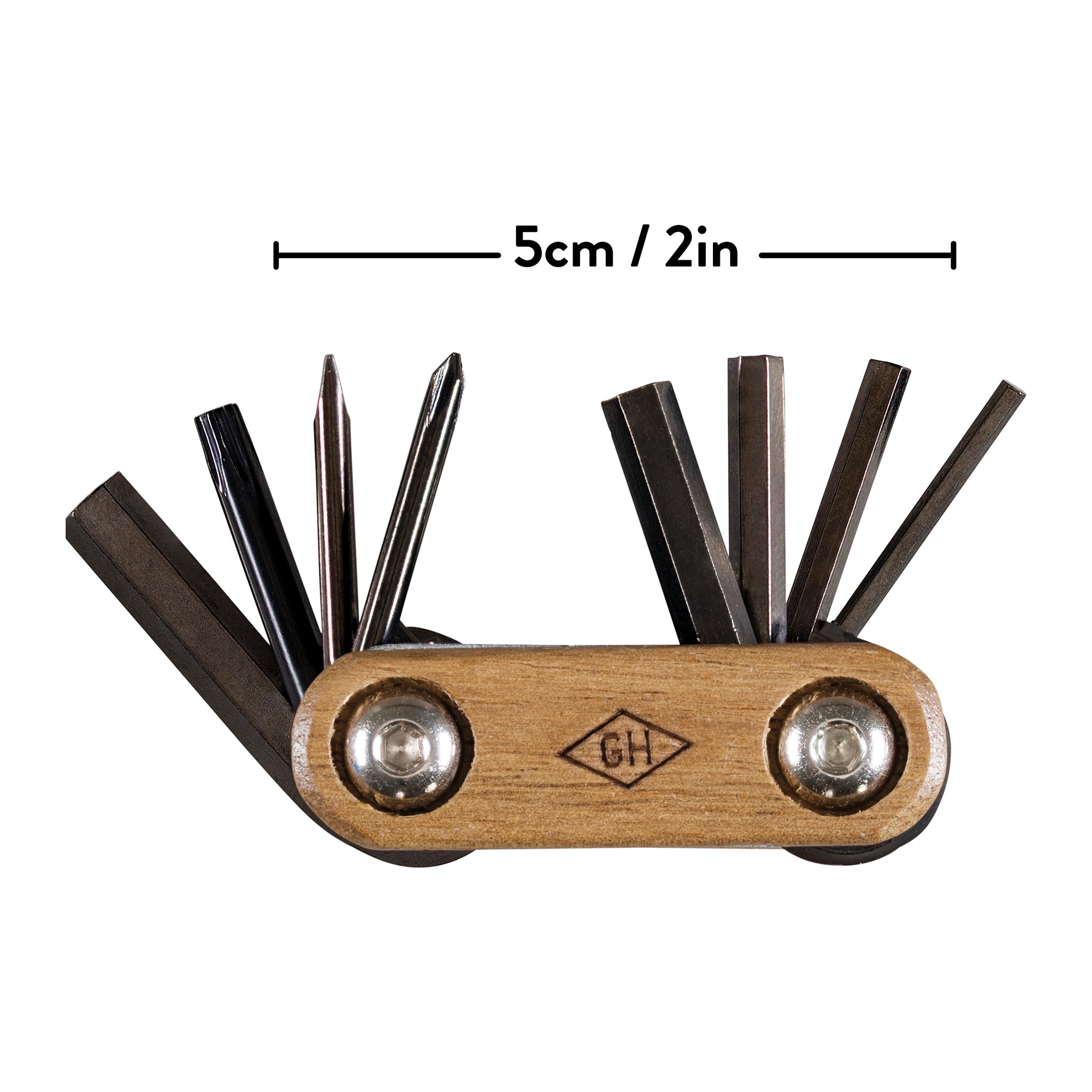 Fahrrad Multitool mit ausgeklappten Bits und einer Massangabe als Linie darüber, die seine kompakte Grösse zeigt