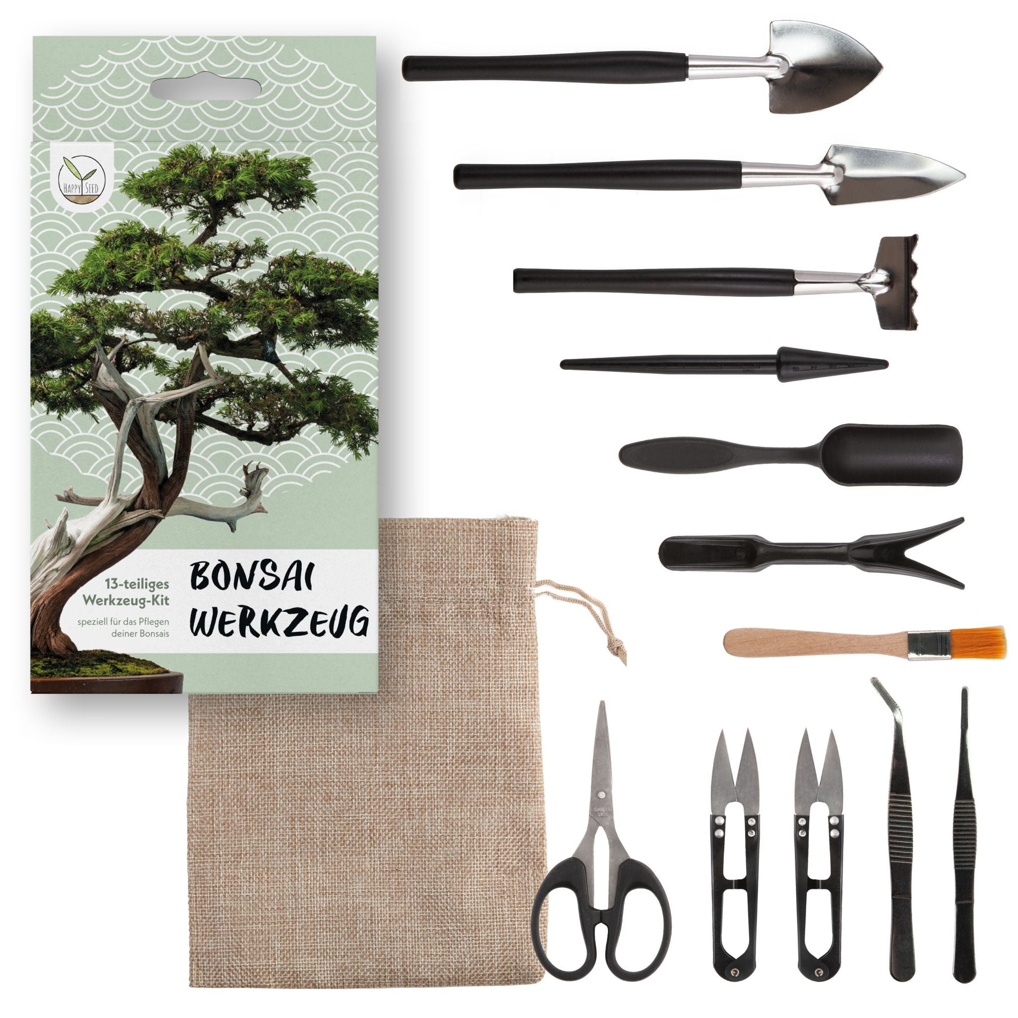 Bonsai Werkzeug-Set 13-teilig mit Aufbewahrungsbeutel und allen Tools im Überblick