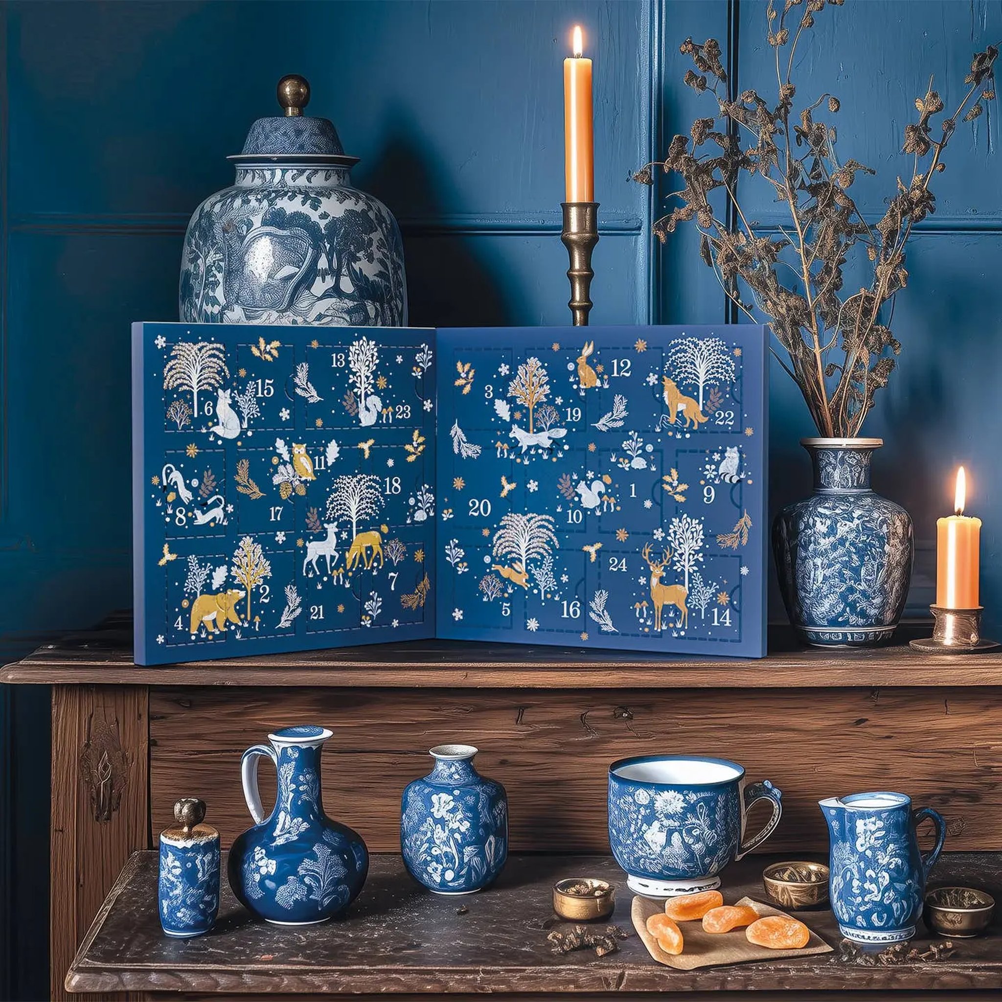 Calendario dell'Avvento di tisane aperto su un comò con porcellana blu