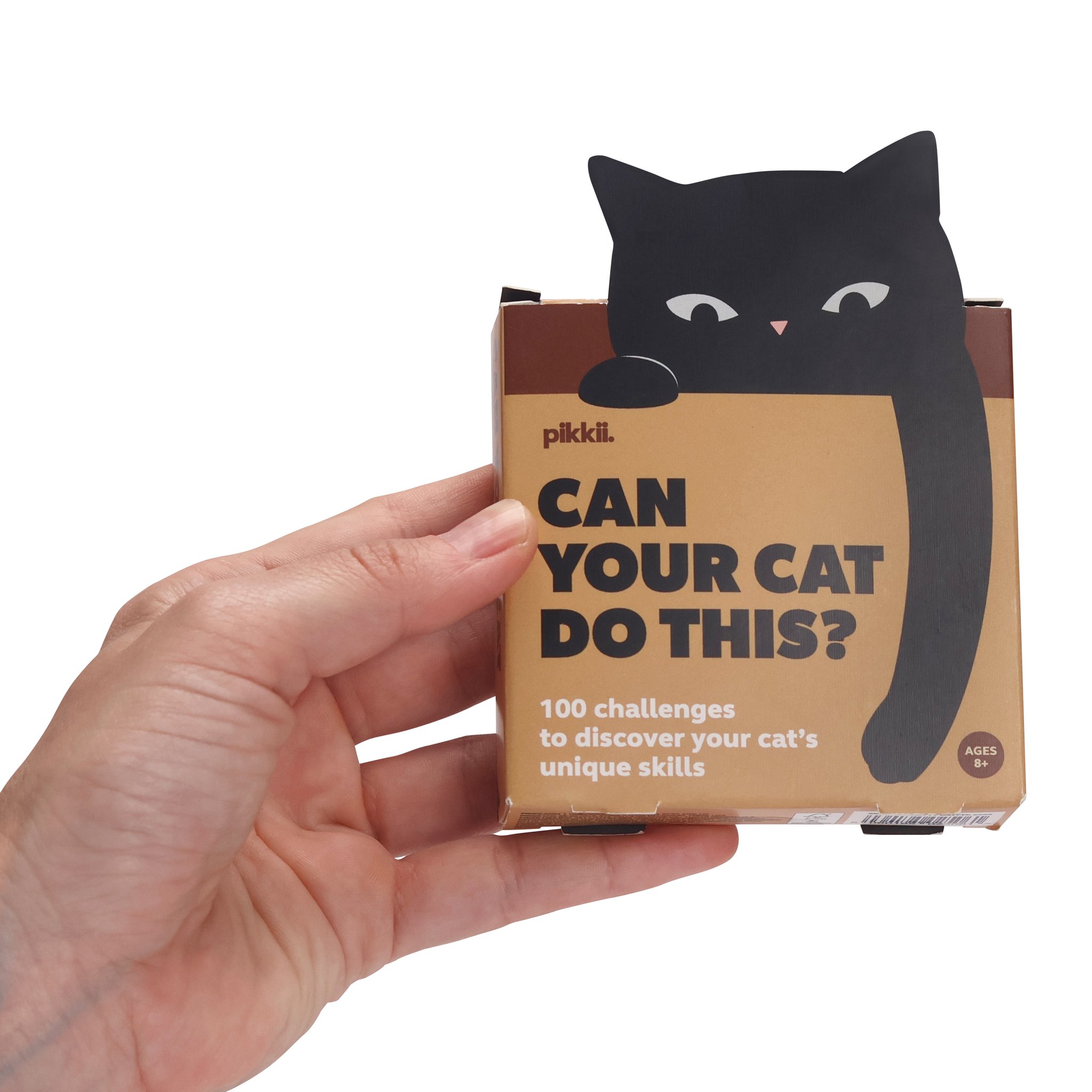 Mano che tiene la scatola del gioco di carte Can Your Cat Do This? di Pikkii