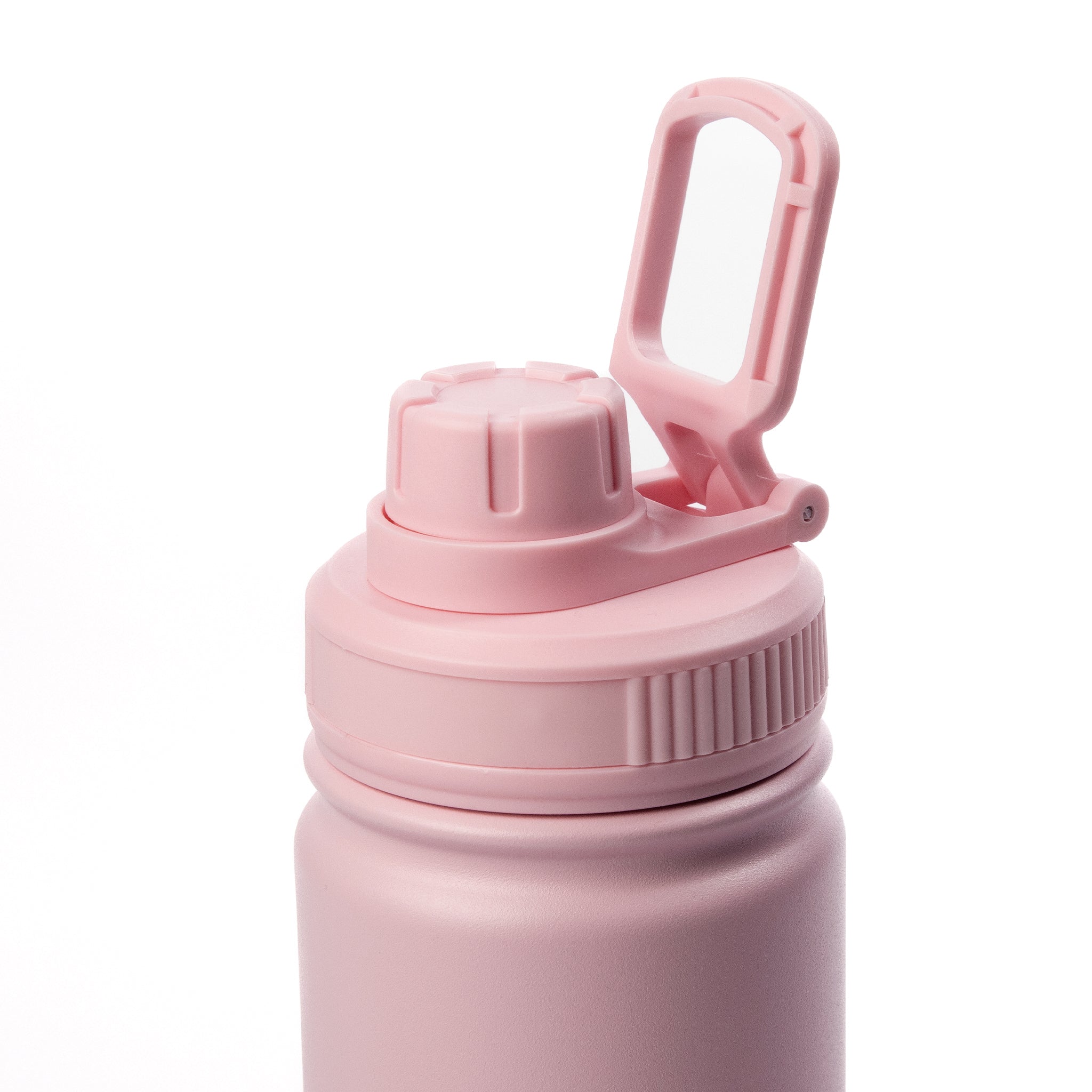Pink lid of the Little My thermal bottle with the carry handle raised