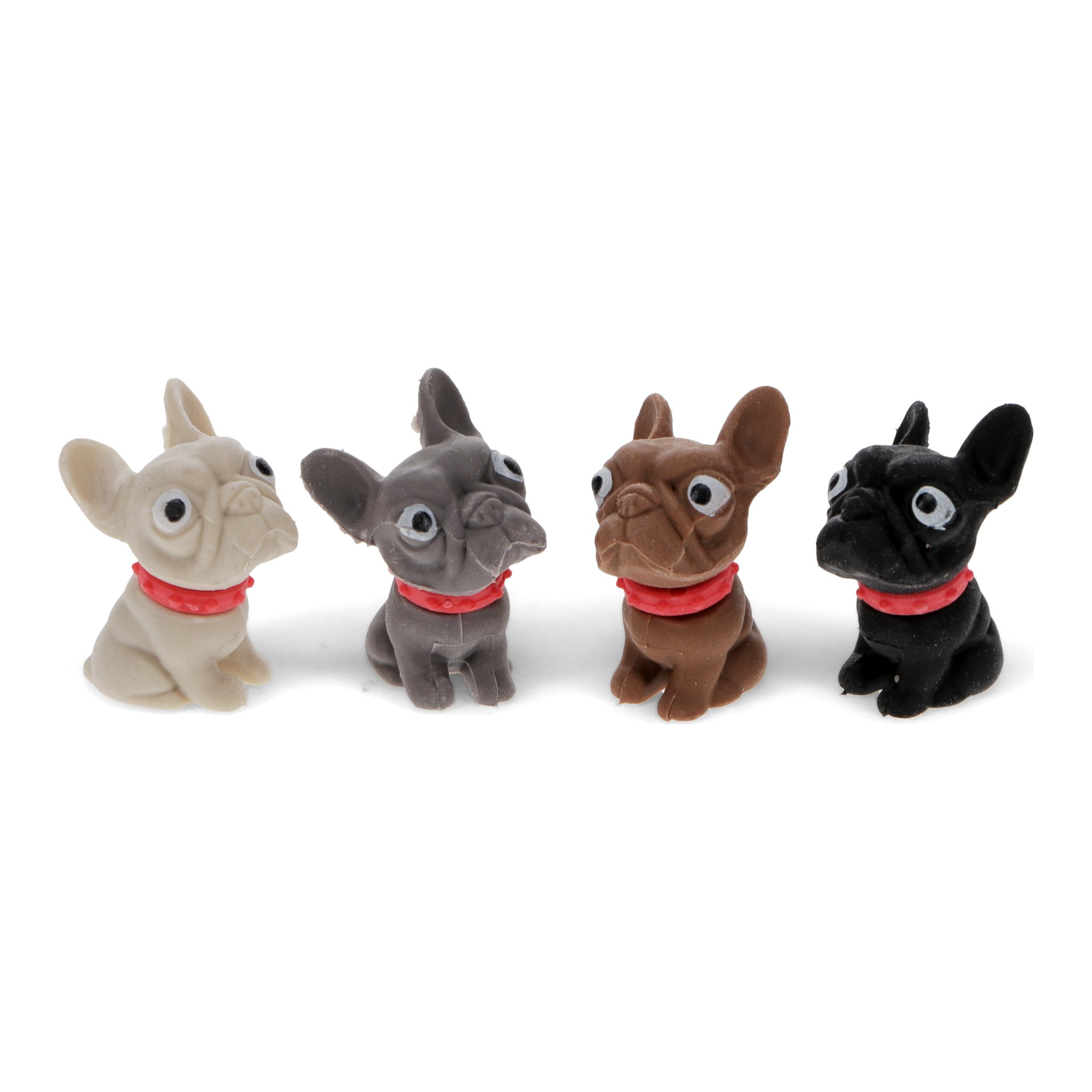 Die vier Frenchie Radiergummis in Beige, Grau, Braun und Schwarz nebeneinander