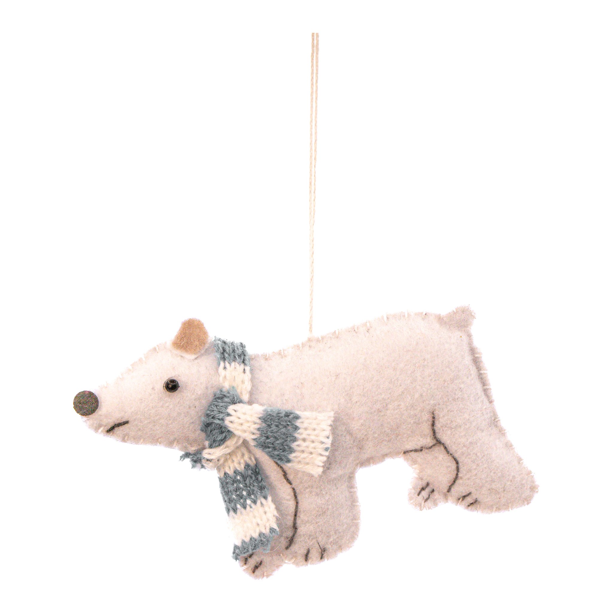 Wintertiere Weihnachtsschmuck, Filz-Eisbär mit gestreiftem Schal, freigestellt